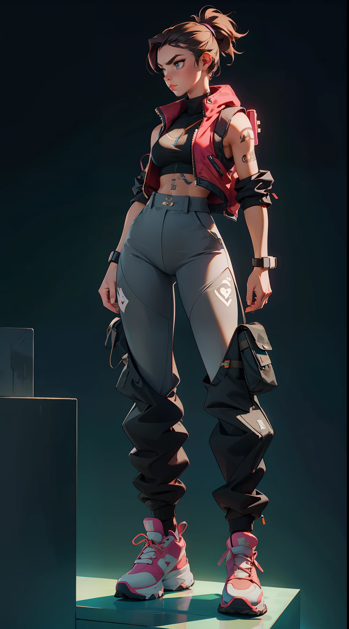 a girl that is standing on some steps, a tattoo, high waist sweatpants, model is wearing techtical vest