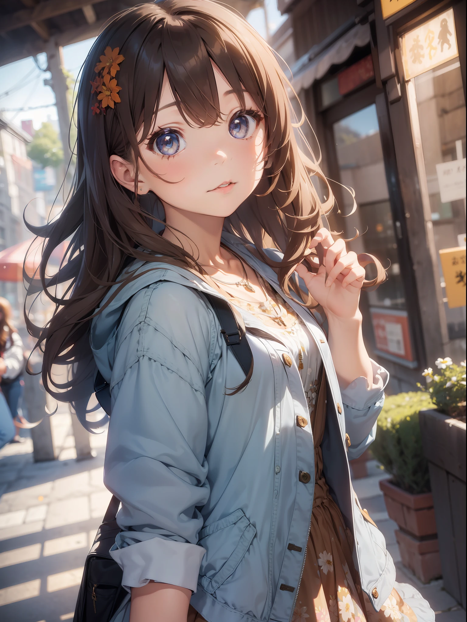 1girl, (solo:1.2), ((masterpiece)), [slim], (small breasts), pale skin, ((detailed eyes)), (bokeh effect), (dynamic angle), dynamic pose, cozy cafe, brown eyes, brunette with wavy hair, (denim jacket over a floral dress), necklace, backpack
