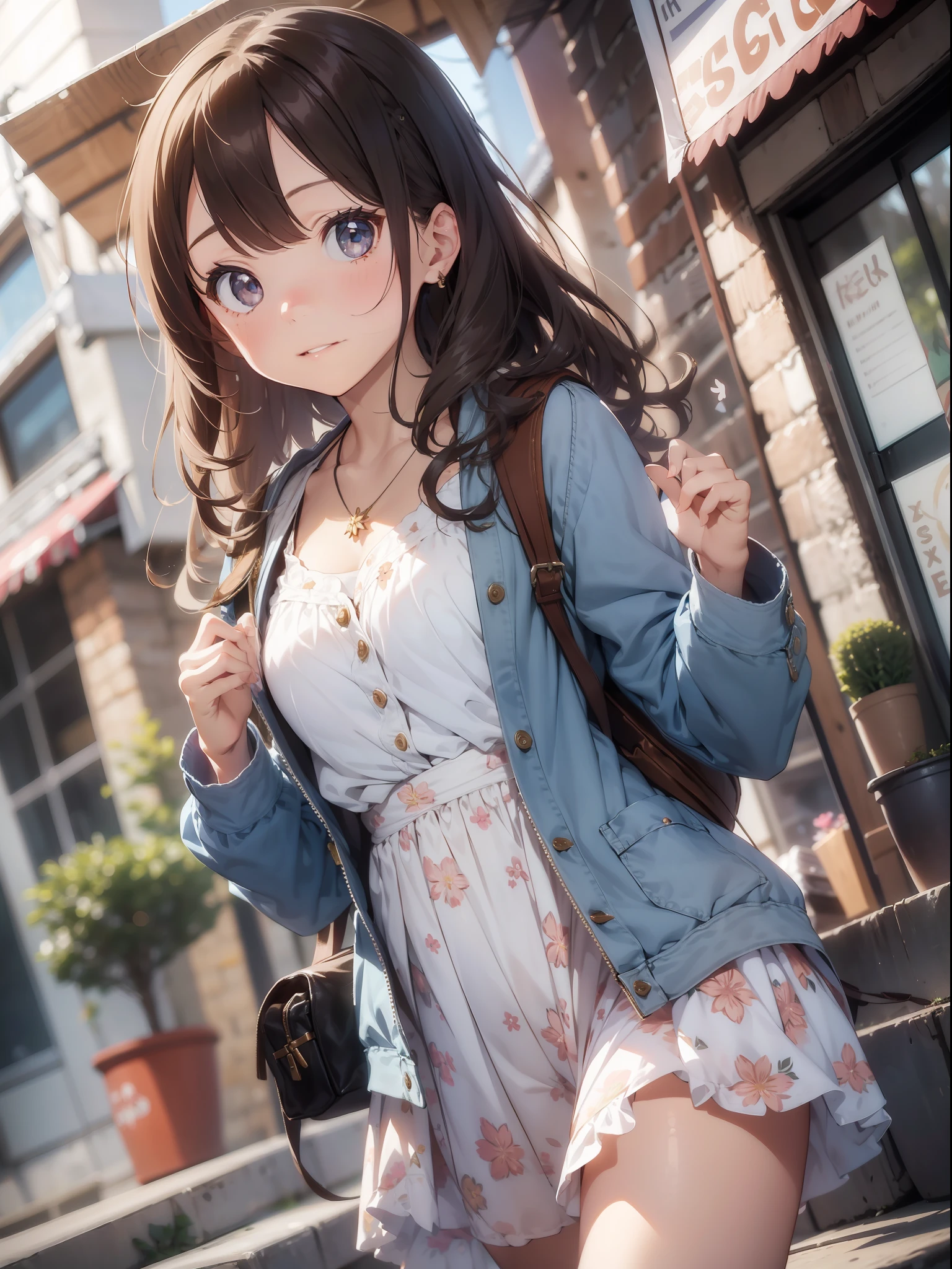 1girl, (solo:1.2), ((masterpiece)), [slim], (small breasts), pale skin, ((detailed eyes)), (bokeh effect), (dynamic angle), dynamic pose, cozy cafe, brown eyes, brunette with wavy hair, (denim jacket over a floral dress), necklace, backpack