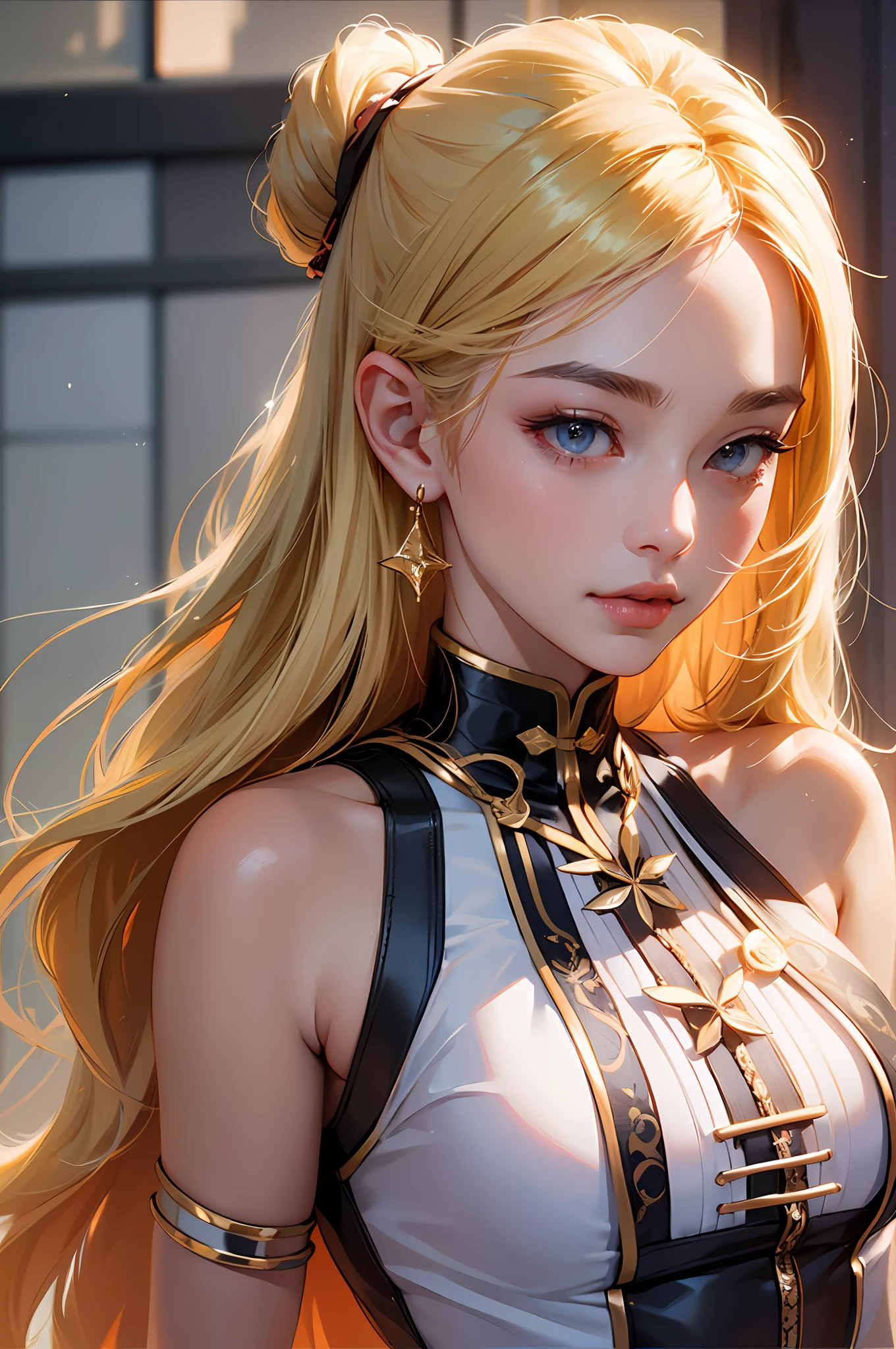 a beautiful woman with BLOND hair posing for a picture, computer graphics, by Lü Ji, trending on cg society, plasticien, small curvy body, erza scarlet as a real person, gogo : :, SINFUL SAILOR OUTFIT, anime like, incredibly realistic,HOME VIBES , full photo, warm color tone, high quality realistic, tanned skin, rosy cheeks, sharp focus, ultra high quality , 3d render, 8k, unreal engine, Highly detailed, Fine details, intricate details, ultra-sharp, --iw 1 --ar 4:5 --auto --s2