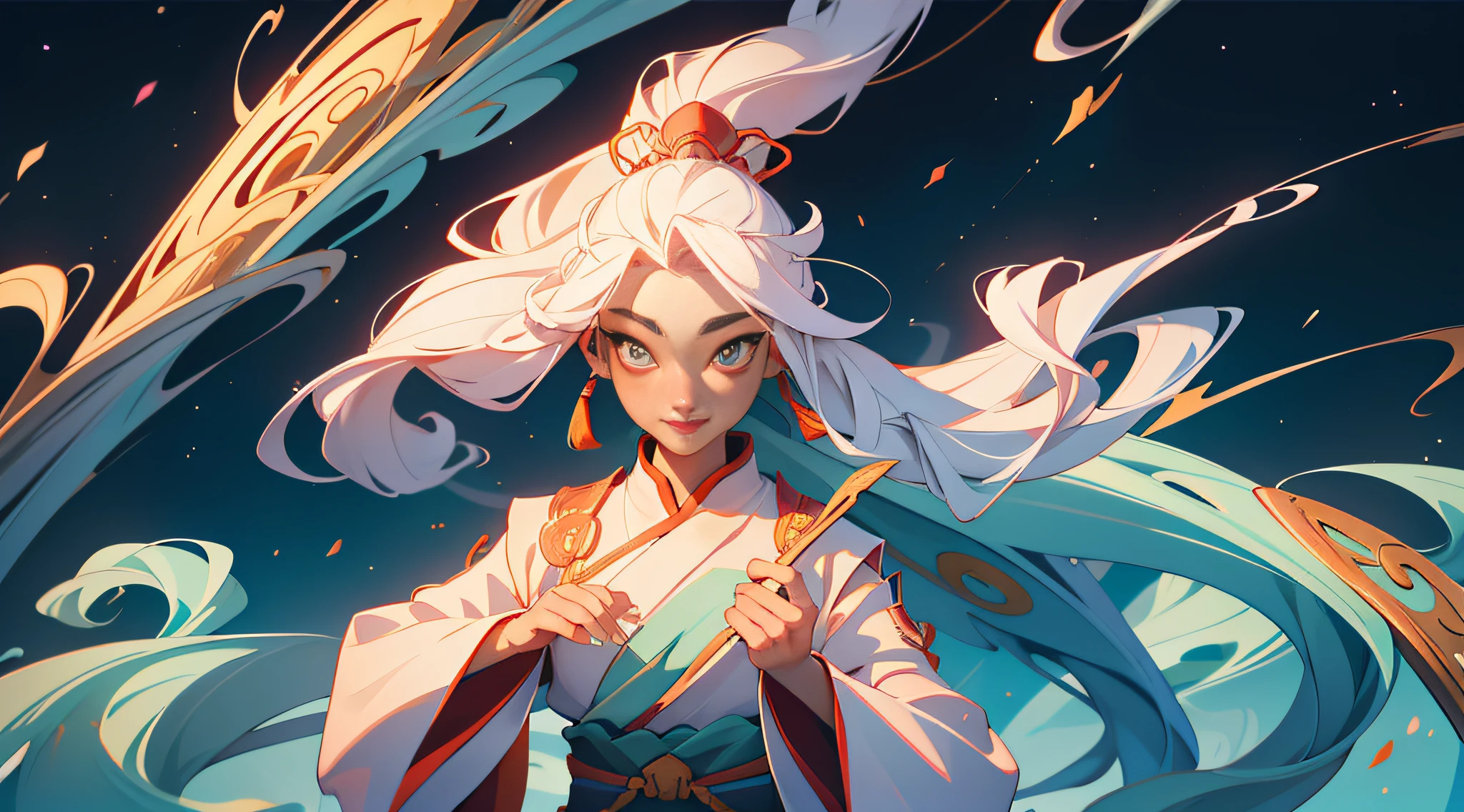Official Art, Unified 8K Wallpapers, Ultra Detailed, Beautiful and Aesthetic, Masterpiece, Best Quality, (Zentangle, Tangle, Entangle), (fractal art: 1.4), 1girl, very detailed, dynamic angle, cowboyshot, (most beautiful form chaos), ethereal, (bright colors), oc, (full body: 0.8), china, (thangka flying sky: 1.5), (ribbon: 1.3), (dream: 1.5), (hanfu: 0.7), (smile: 0.5), (Chinese deity), upper body close-up