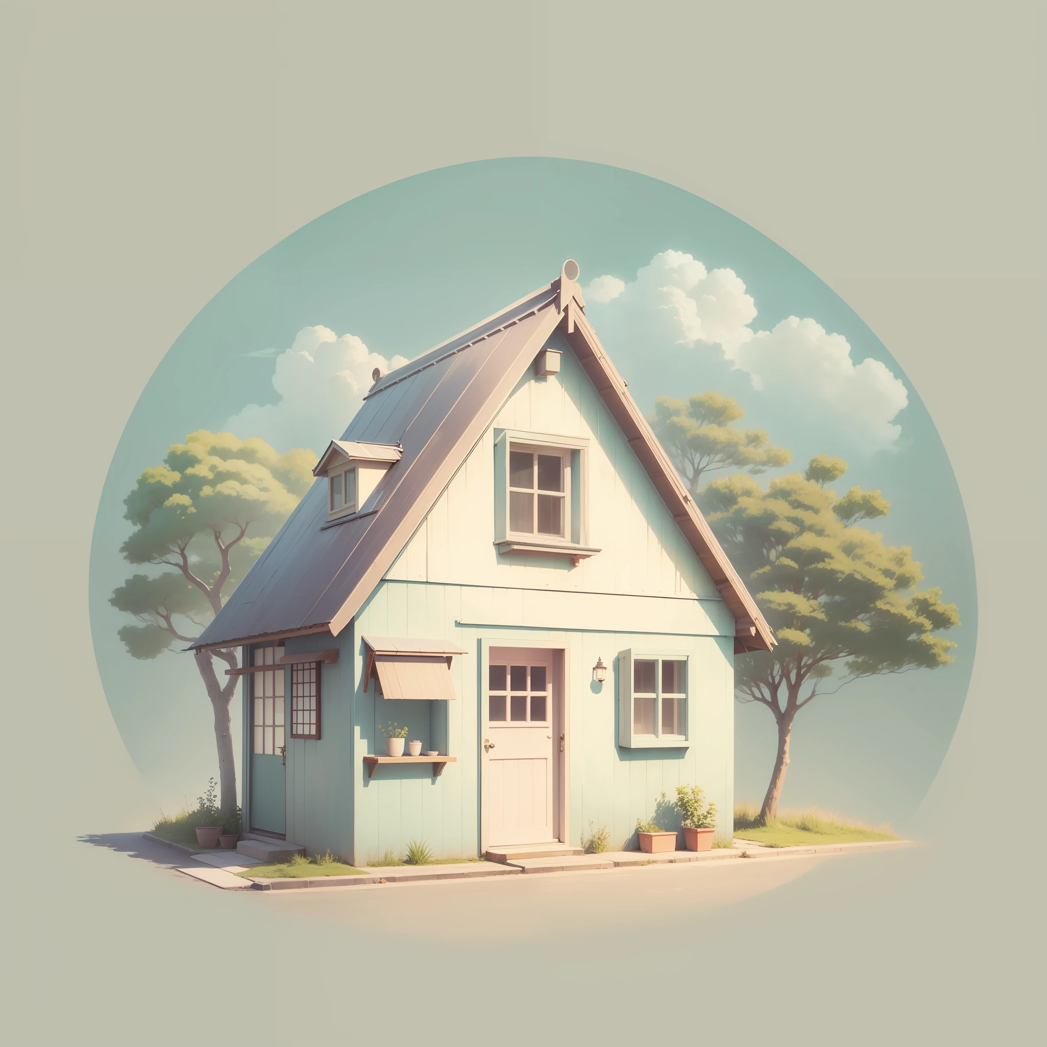cute small house, pastel, drawing, japanese lofi, white backgroud, set