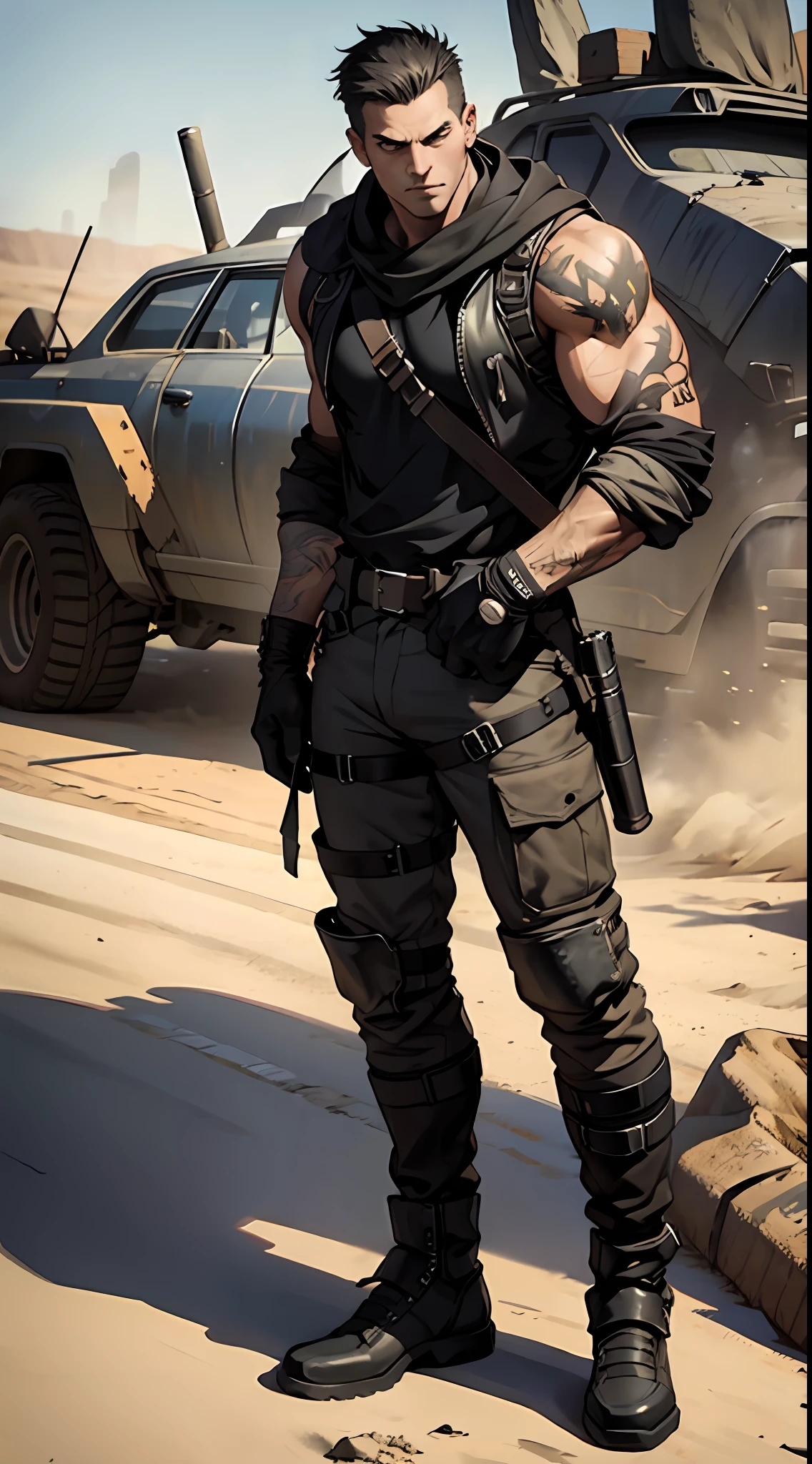 A guy with black eyes, in mad max style, full body shot, strong, handsome, tough