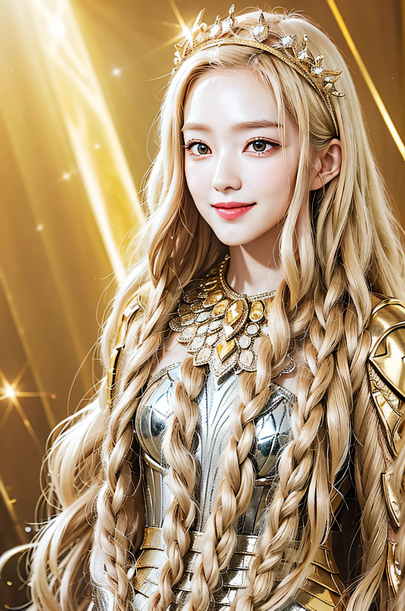 Golden diamond armor, long blonde hair, golden pupils, golden light background, golden transparent wings, diamond texture, smiling, golden eyes, flashing golden notes around, maiden, golden starlight, dazzling