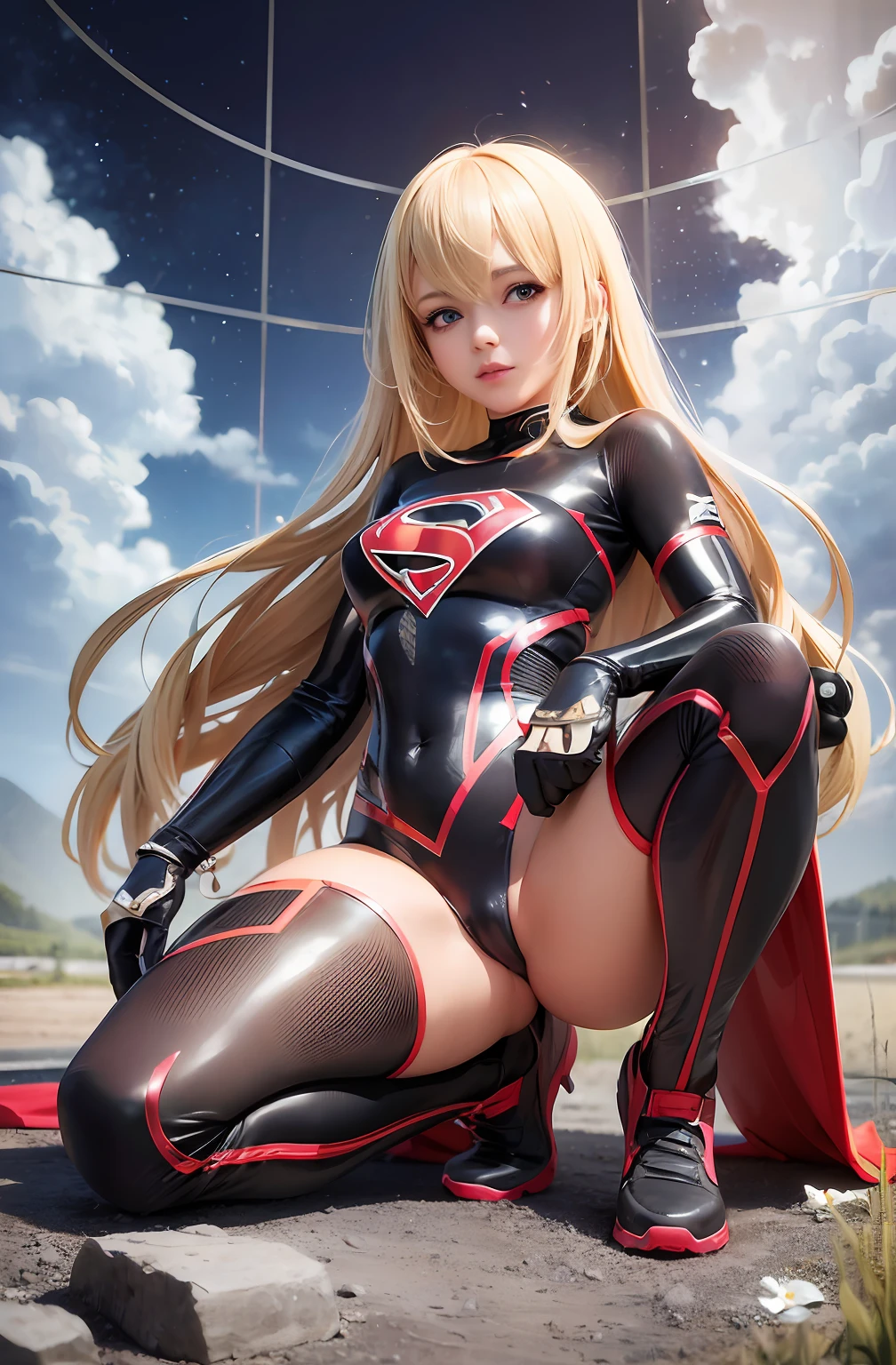 4k, realistic, charismatic, very detailed, there is a girl in heaven, wearing transparent super girl costume, she is super girl, super hero theme, long blonde hair, 25 years old, full body --auto --s2