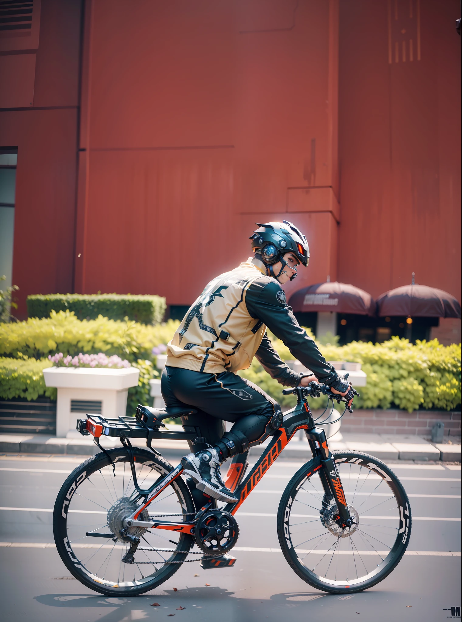 Cyber Male Warrior and Cyber Mechanical Bike, Nousr, Biomechanics, MSHN Robot Man, wearing high-tech helmet, surreal, steel, intricate design, crazy details, fine details, extremely clear lines, cinematic lighting, photo realistic, detailed masterpiece