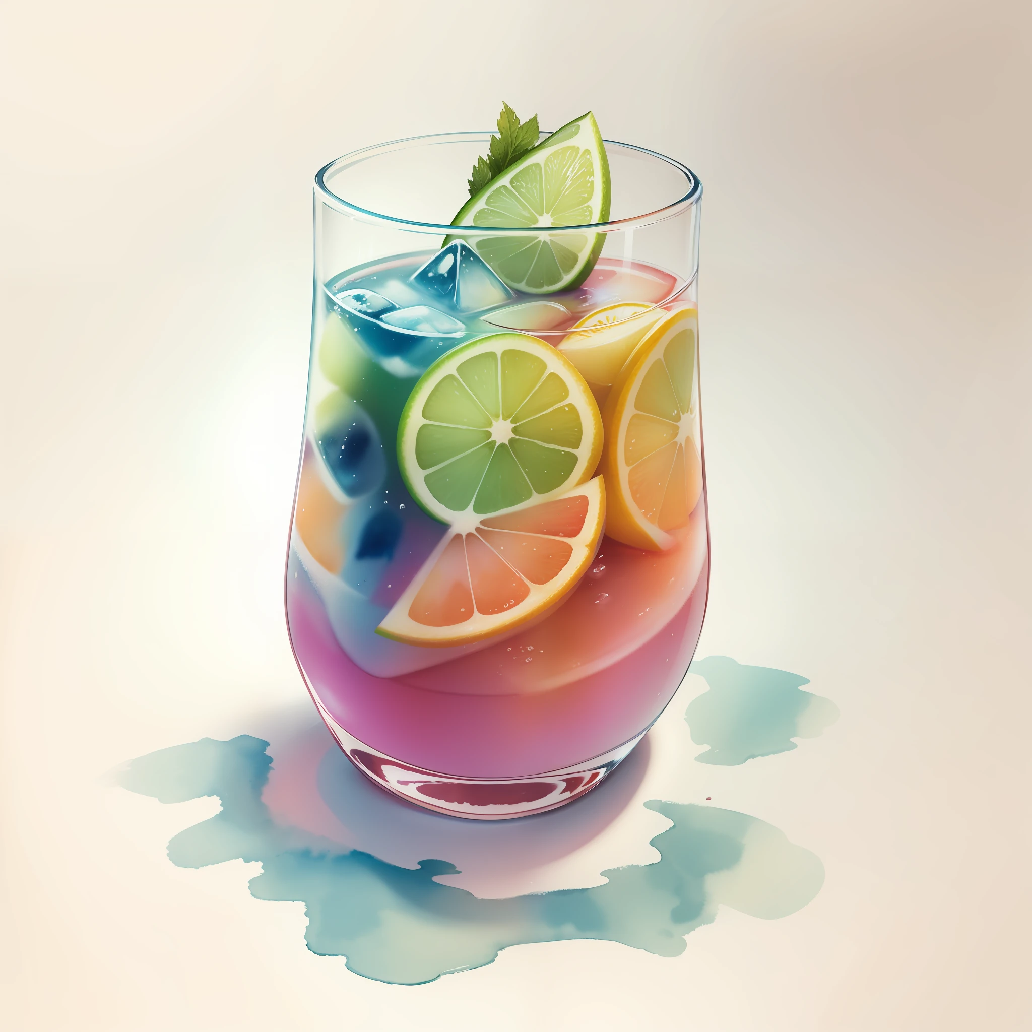 highball cocktail, watercolor, white background, hand-drawn, wide angle