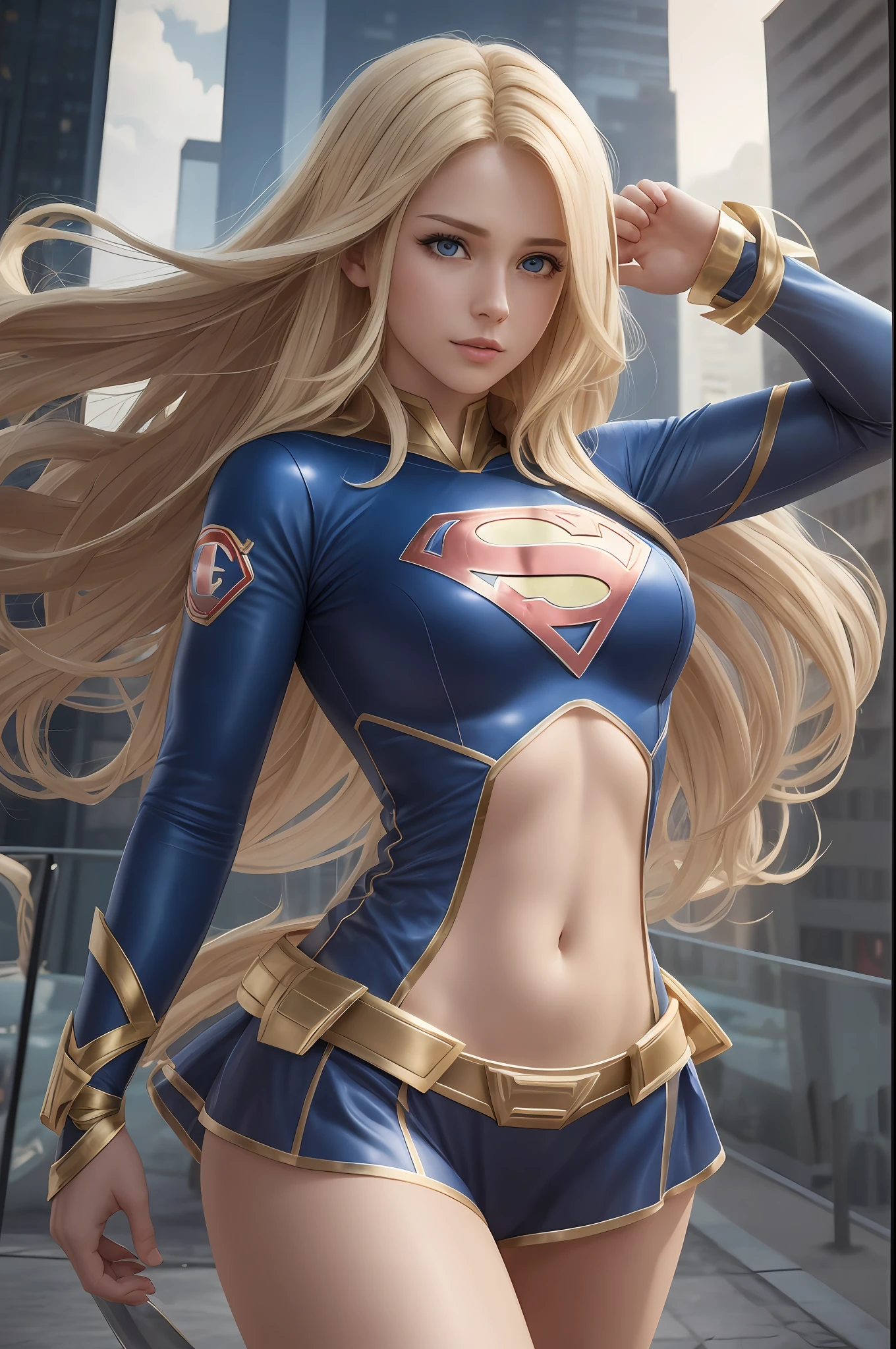 4k, realistic, charismatic, very detailed, there is a girl in heaven, wearing transparent super girl costume, she is super girl, super hero theme, long blonde hair, 25 years old, full body --auto --s2