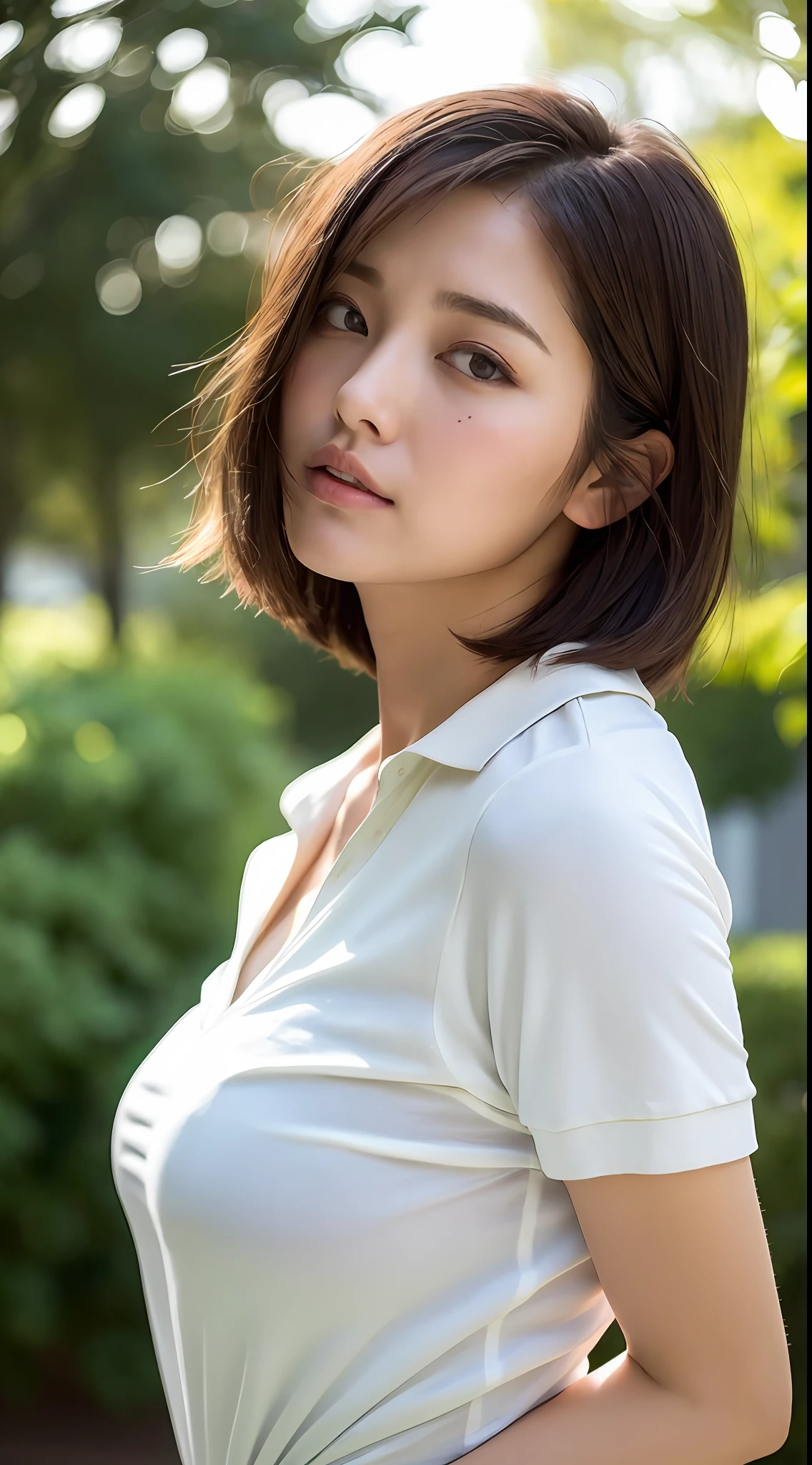 Short hair outdoor fair skin disheveled hair open mouth white tears, Japan woman, super cute, soft and face, brown hair, 8K resolution, ultra realistic, super definition, soft body toned buttocks night, ((highest definition, 8k, masterpiece: 1.3)), super definition face, ultra-fine lips, fine eyes, double eyelids, short short sleeves, wide open chest, well-shaped upward bust, angle from the side, sideways, buttocks sticking out, chest, big, The fabric is thin and tight polo shirt, melancholy expression, hot cheeks, 24 years old