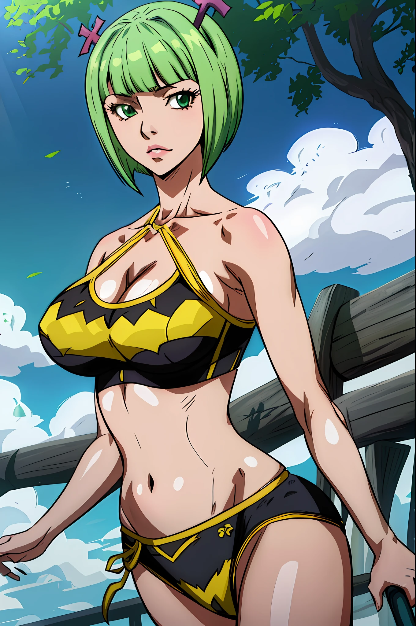 1girl, highres, sharp focus, closeup on face, pixiv masterpiece, ((intricate details)), highly detailed, brandish from fairy tail, brandish myu, one eye, detailed eyes, fair skin, short hair, green hair, green eyes, costume: sportswear, calvin klein, calvin klein style panties, calvin clein style sports bra, neckline, underboob, joy ride style, ilya kuvshinov,Anime Moe Artstyle, Female anime character, Anime character,