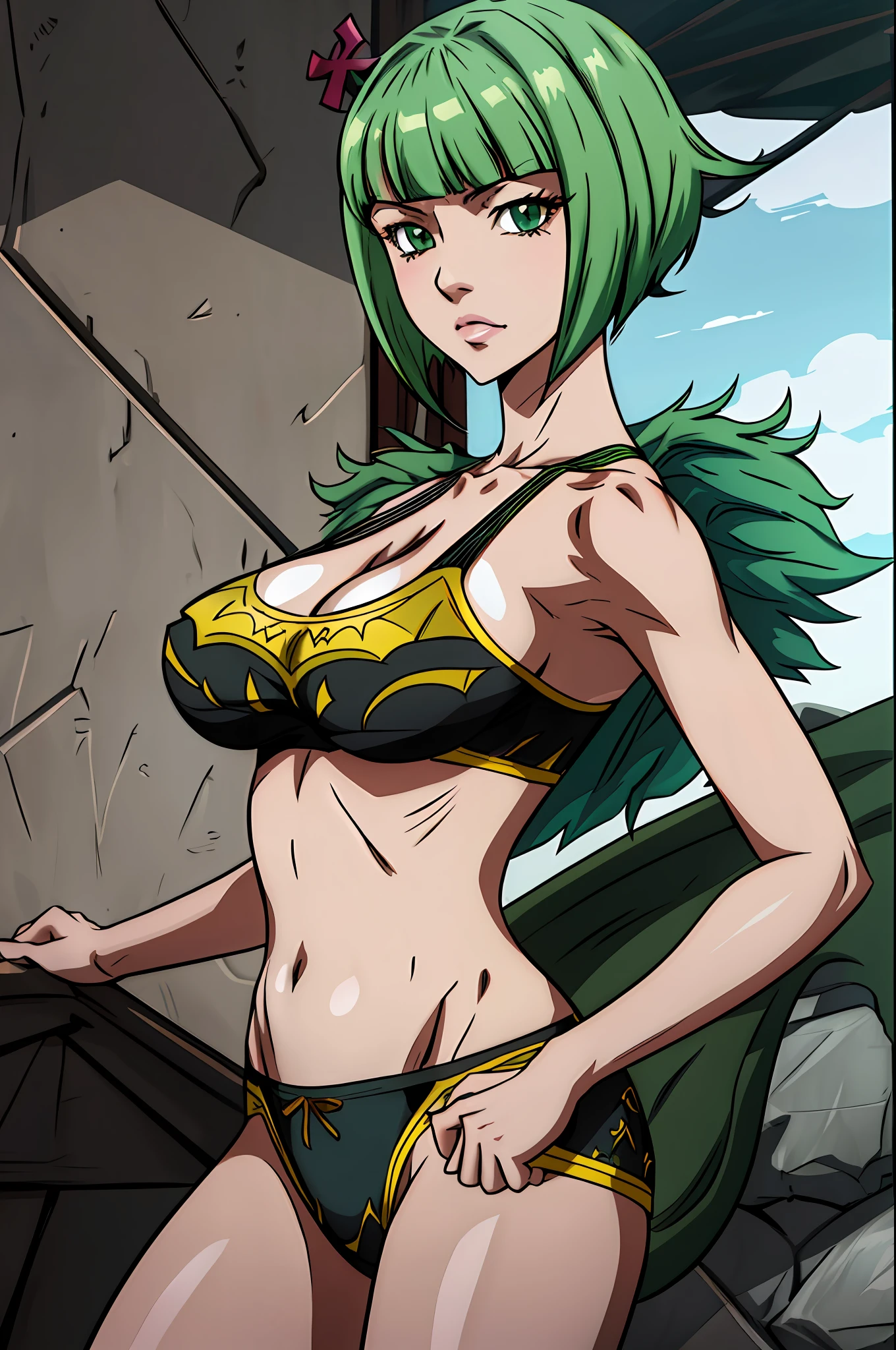 1girl, highres, sharp focus, closeup on face, pixiv masterpiece, ((intricate details)), highly detailed, brandish from fairy tail, brandish myu, one eye, detailed eyes, fair skin, short hair, green hair, green eyes, costume: sportswear, calvin klein, calvin klein style panties, calvin clein style sports bra, neckline, underboob, joy ride style, ilya kuvshinov,Anime Moe Artstyle, Female anime character, Anime character,