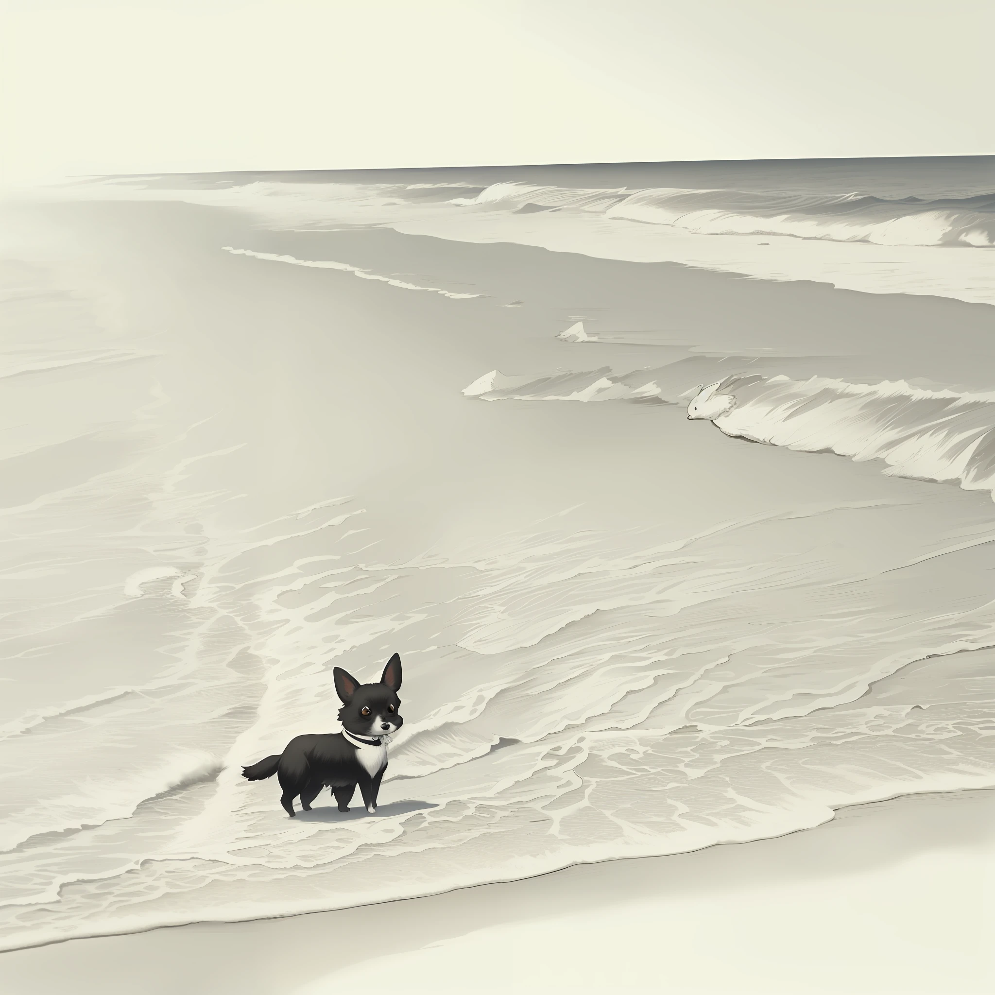 (High quality, 8k) line drawing, lineart, black and white, 1 cute and fluffy chihuahua dog on the beach
