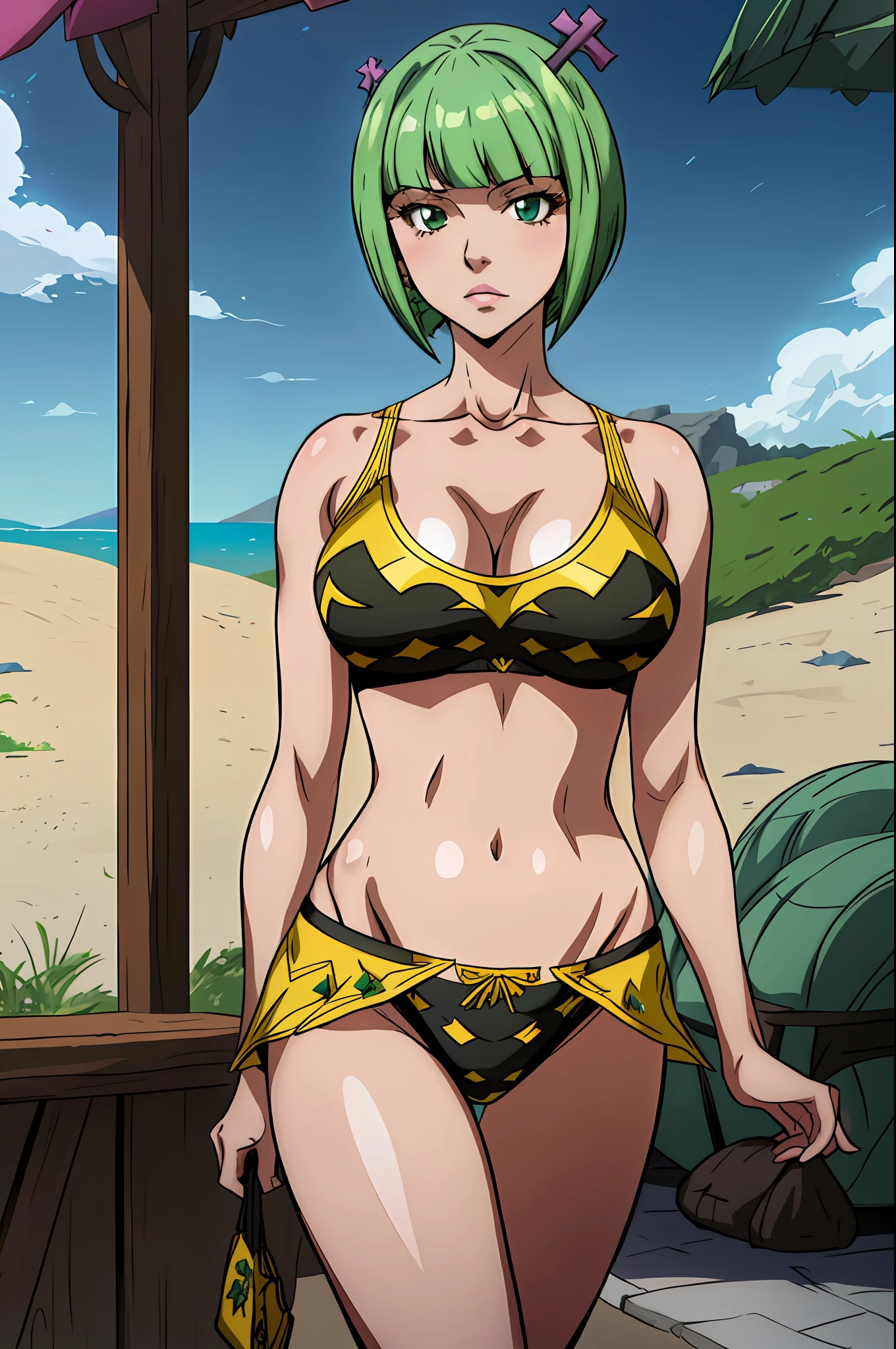 1girl, highres, sharp focus, closeup on face, pixiv masterpiece, ((intricate details)), highly detailed, brandish from fairy tail, brandish myu, one eye, detailed eyes, fair skin, short hair, green hair, green eyes, costume: sportswear, calvin klein, calvin klein style panties, calvin clein style sports bra, neckline, underboob, joy ride style, ilya kuvshinov,Anime Moe Artstyle, Female anime character, Anime character,