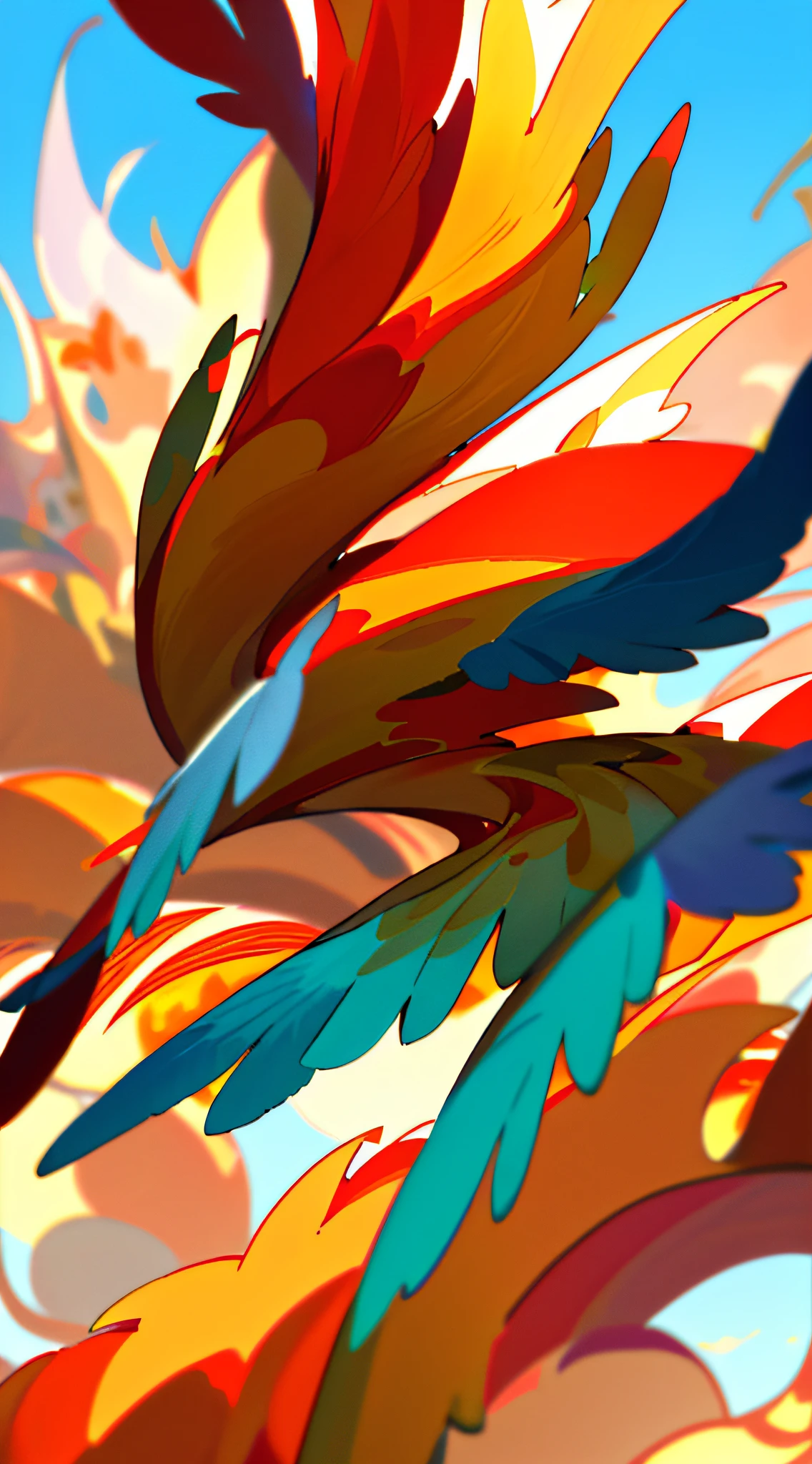 Masterpiece, highest quality, refined, multi-detailed, very detailed, ((flame)), feathers, sunlight, red, gold, white, sky blue, cluttered images