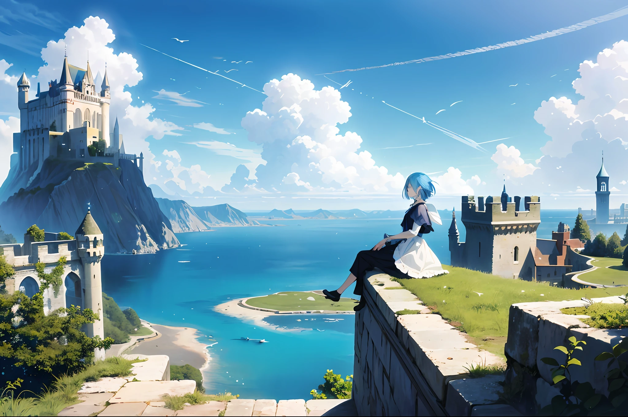absurdities, highres, (official, beautiful and aesthetic art: 1.2), near vision, bright sky, vast world, girl, blue hair color, contemplation, inspiring expression, distant horizon, clouds, ruins, castles, natural beauty, inspiration, light effects,