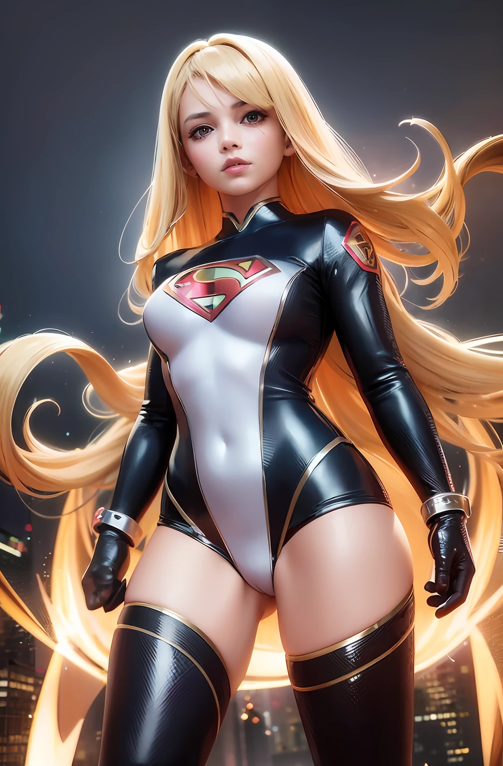 4k, realistic, charismatic, very detailed, there is a girl in heaven, wearing transparent super girl costume, she is super girl, super hero theme, long blonde hair, 25 years old, full body --auto --s2