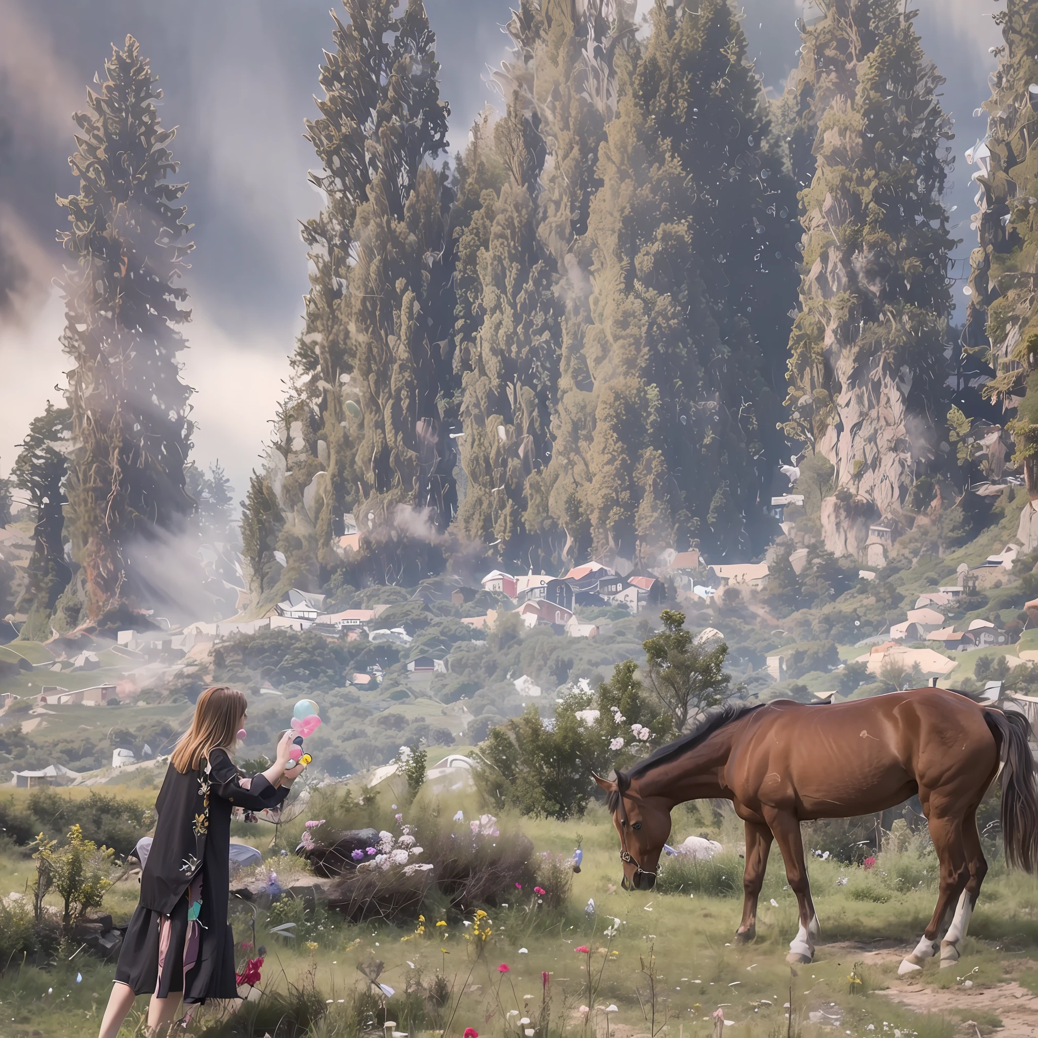 There is a woman standing next to a horse, blowing bubbles at the horse, there are horses, horses in the background, in the valley, spruce trees in the mountains, in the countryside, galloping in the forest