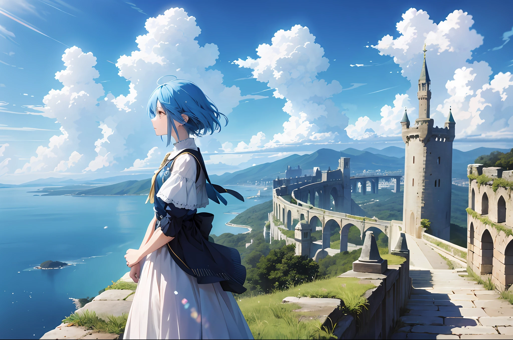 absurdities, highres, (official, beautiful and aesthetic art: 1.2), near vision, bright sky, vast world, girl, blue hair color, contemplation, inspiring expression, distant horizon, clouds, ruins, castles, natural beauty, inspiration, light effects,