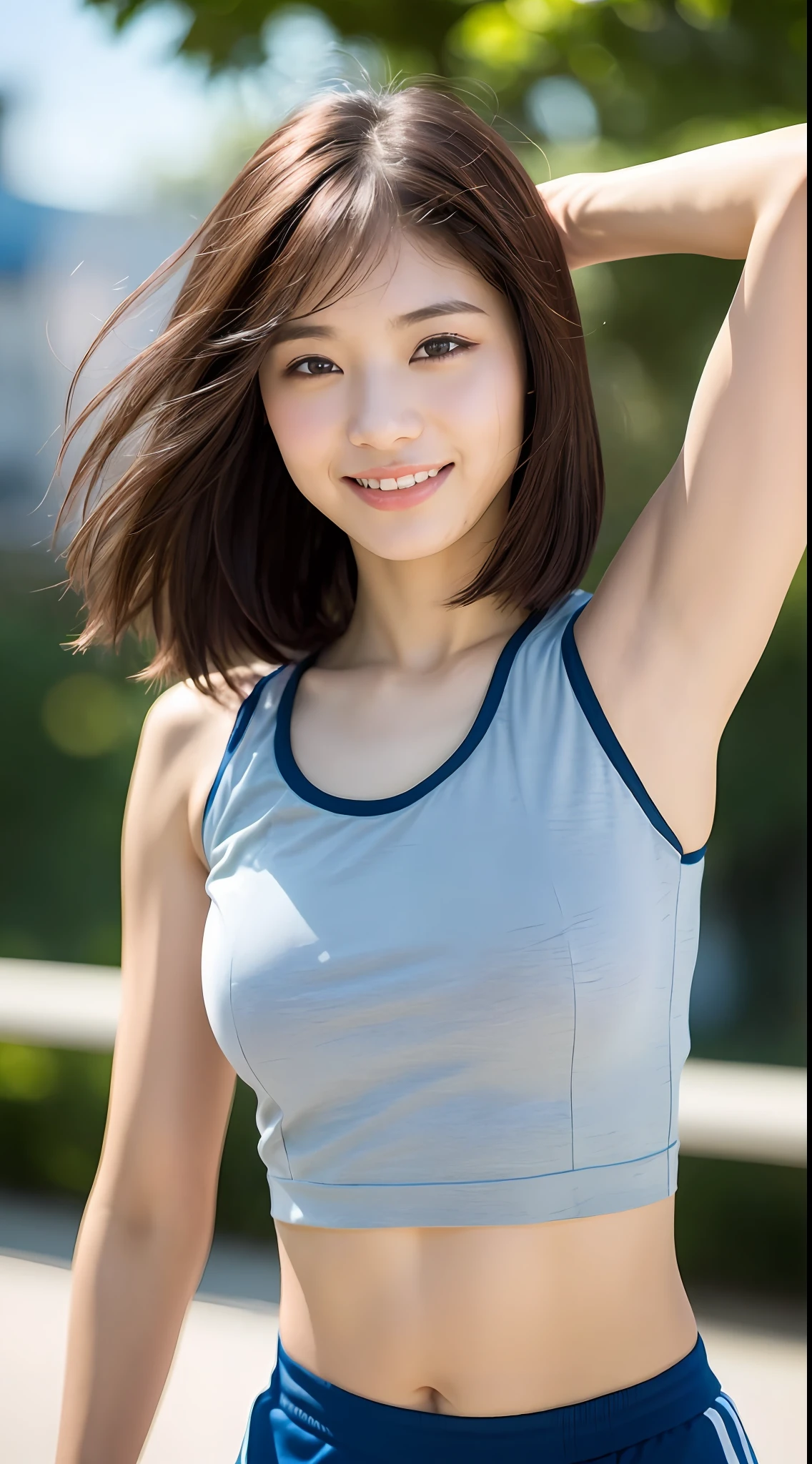 ((Top Quality, 8k, Masterpiece: 1.3)), Sharp Focus: 1.2, Perfect Body Shape Pretty Women: 1.4, Slender Abs: 1.2, (Layered Haircut, Big: 1.8), (Sportswear: 2.0), (Ballet: 1.8), (Street: 1.2), Highly Detailed Face and Skin Texture, Detailed Eyes, Double Eyelids, Smile, Bokeh,
