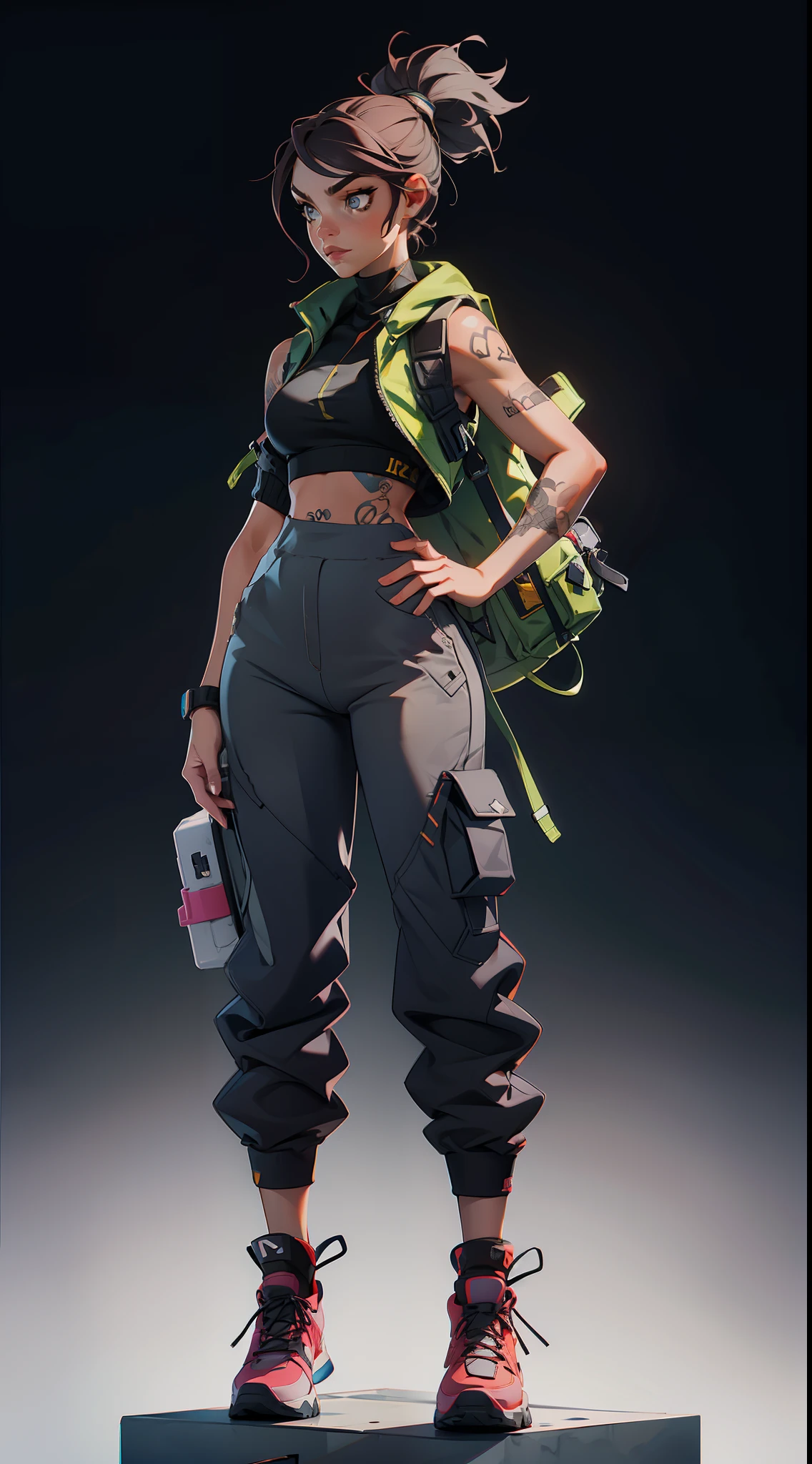 a girl that is standing on some steps, a tattoo, high waist sweatpants, model is wearing techtical vest