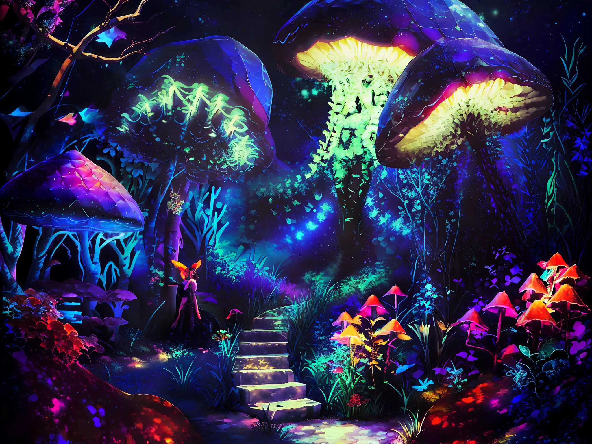 (Masterpiece, Top Quality, Best Quality, Official Art, Beauty and Aesthetics: 1.2), (1girl: 1.3), Extreme Detail, (Fractal Art: 1.3), Colorful, Most Detailed, More Mushrooms, Starry Sky at Night, Various Butterflies and Fireflies Around, Large Grass on the Ground