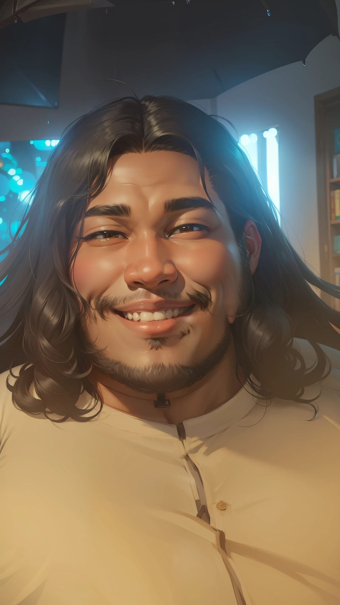 (8k, best quality, illustration, portrait, 19 year old fat man, black skin, long hair, smiling, smile) anime art style
