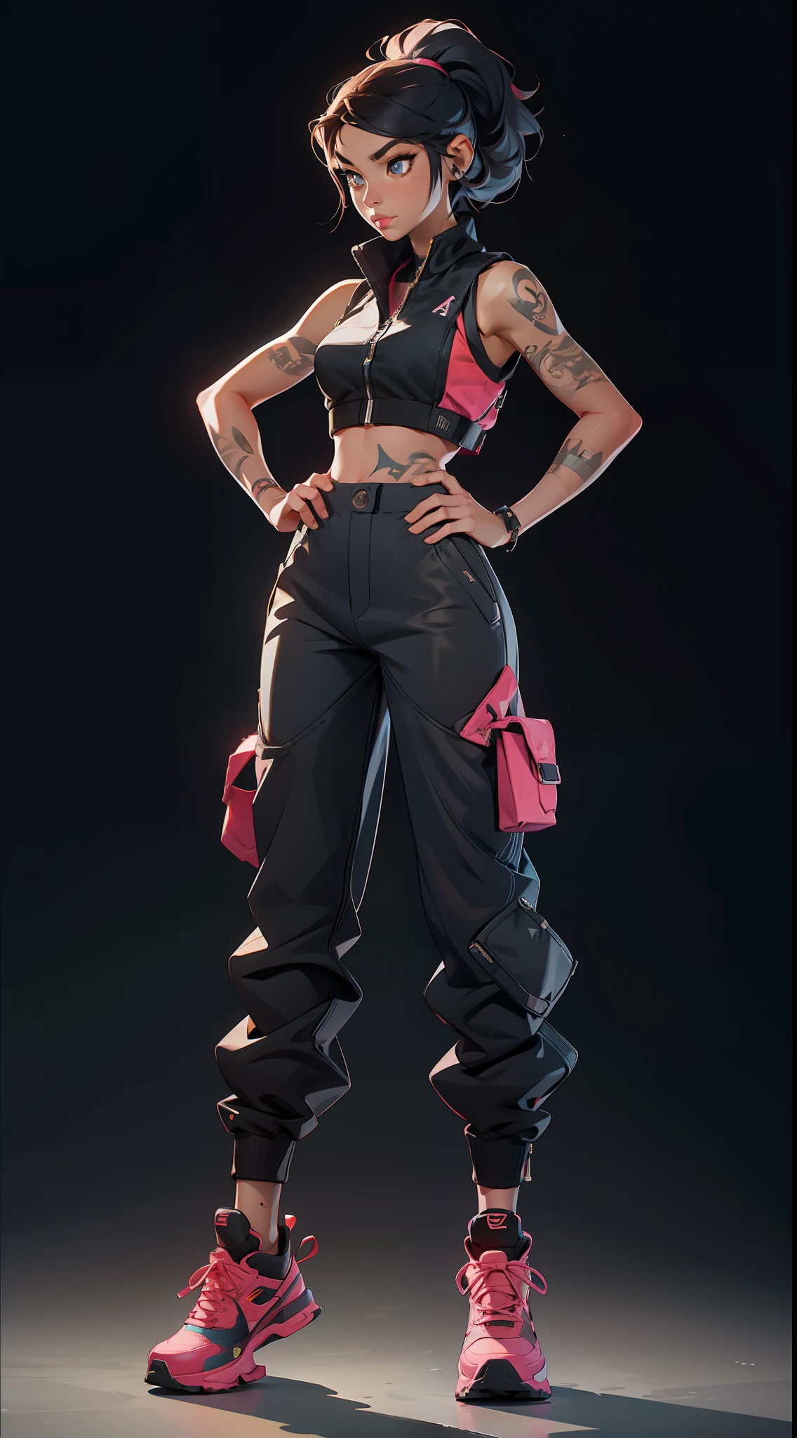 a girl that is standing on some steps, a tattoo, high waist sweatpants, model is wearing techtical vest