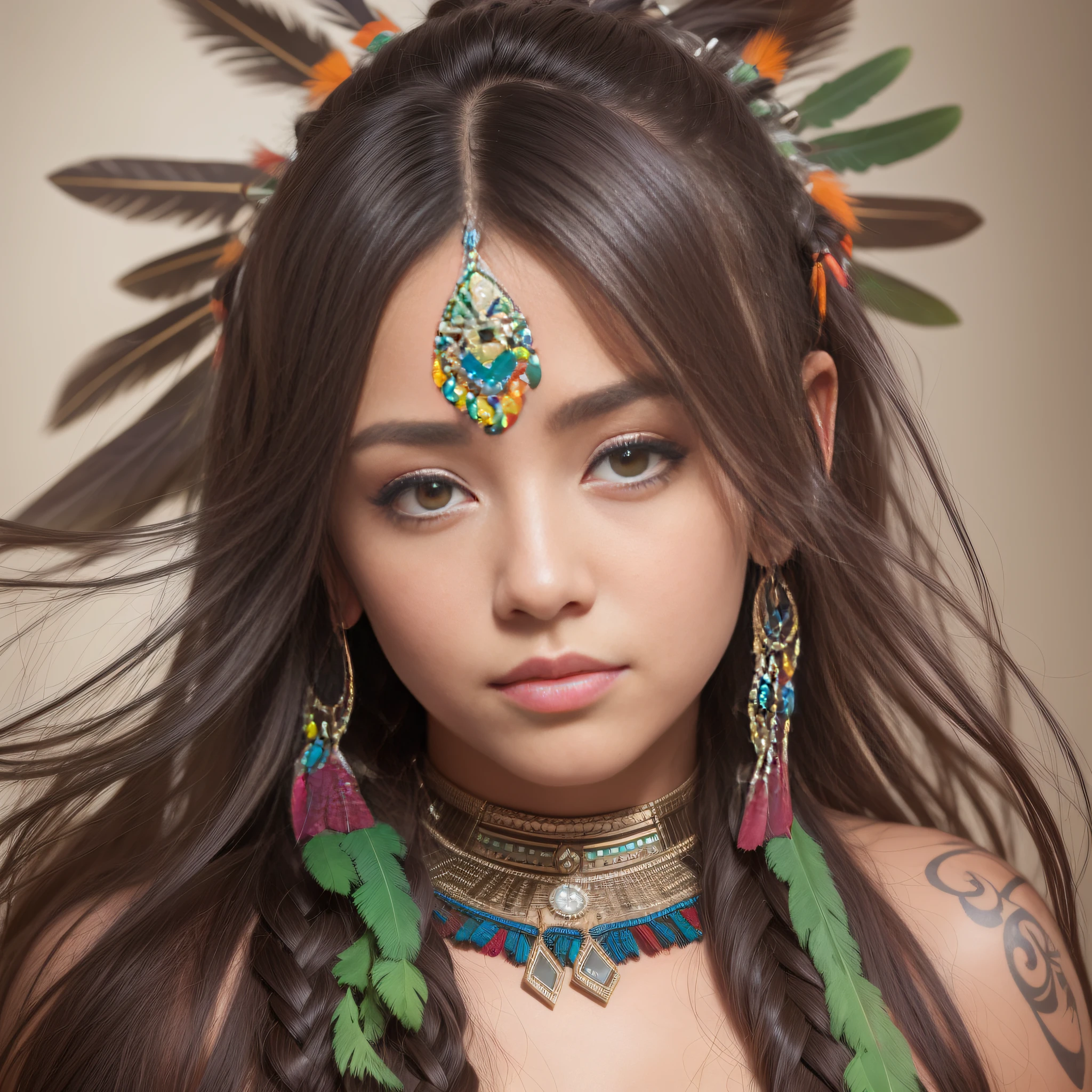 (full portrait), (half shot), earth, detailed background, detailed face, (stonepunkAI, stone theme: 1.1), sage, (woman), (Native American), (beautiful hair, braids: 0. 2), shaman, septum piercing, mystical, (beautiful face), stunning, head tilted upward, (eyes slightly open, serene expression), calm, meditating, dress made of two moose skins sleeveless cube dress with arm slits, tribal leader's feathers in hair, headdress:0.33, jade, obsidian, colorful clothing, cleavage, realistic skin