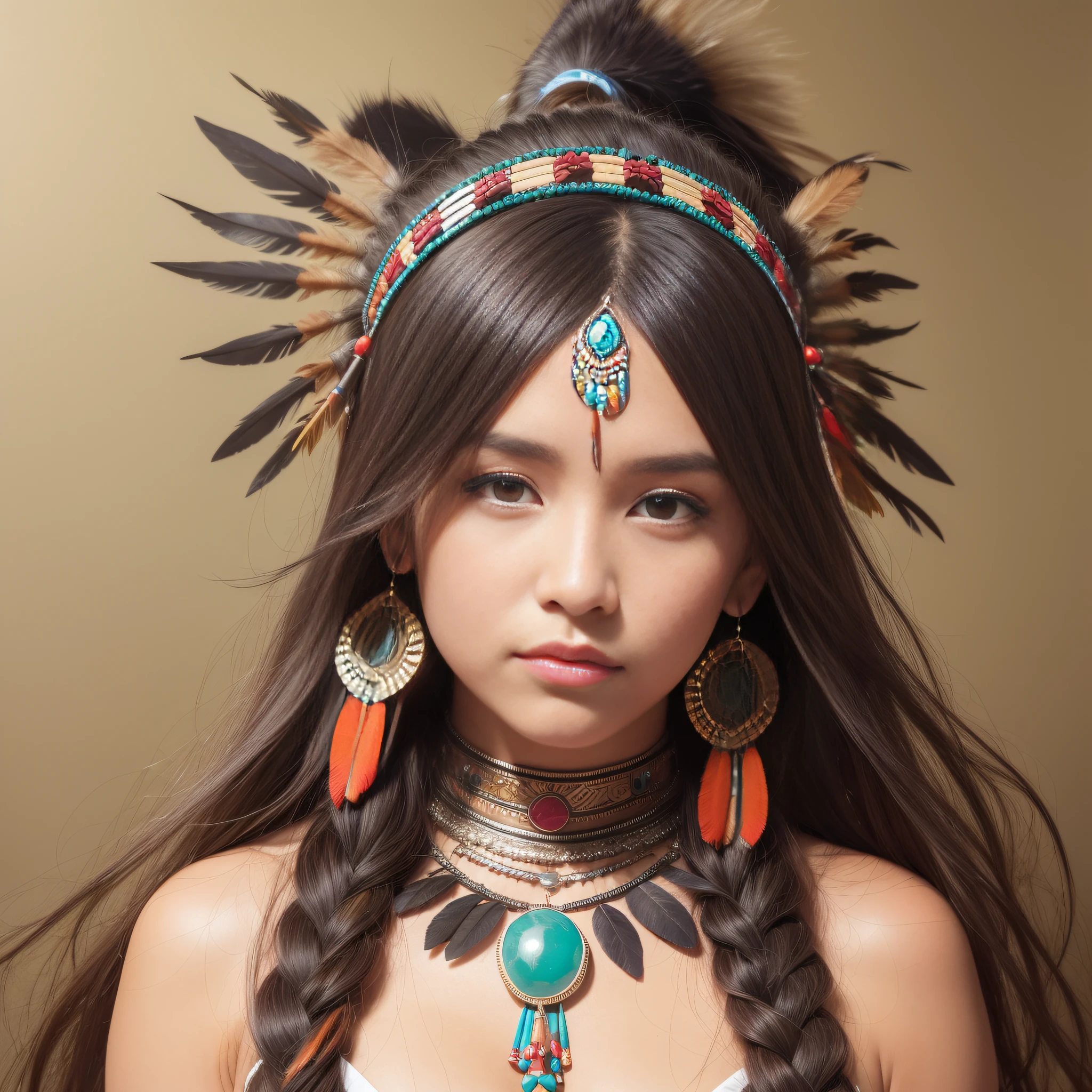 (full portrait), (half shot), earth, detailed background, detailed face, (stonepunkAI, stone theme: 1.1), sage, (woman), (Native American), (beautiful hair, braids: 0. 2), shaman, septum piercing, mystical, (beautiful face), stunning, head tilted upward, (eyes slightly open, serene expression), calm, meditating, dress made of two moose skins sleeveless cube dress with arm slits, tribal leader's feathers in hair, headdress:0.33, jade, obsidian, colorful clothing, cleavage, realistic skin