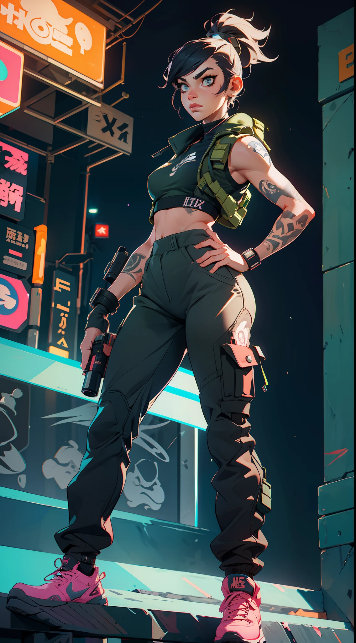 "A confident and strong girl in high-waist sweatpants and tactical vest(1.1) stands on some steps, flaunting her tattoo(1.2). The dynamic pose, combined with her cool-toned expression, perfectly complements the urban scenery full of neon lights and sharp details."