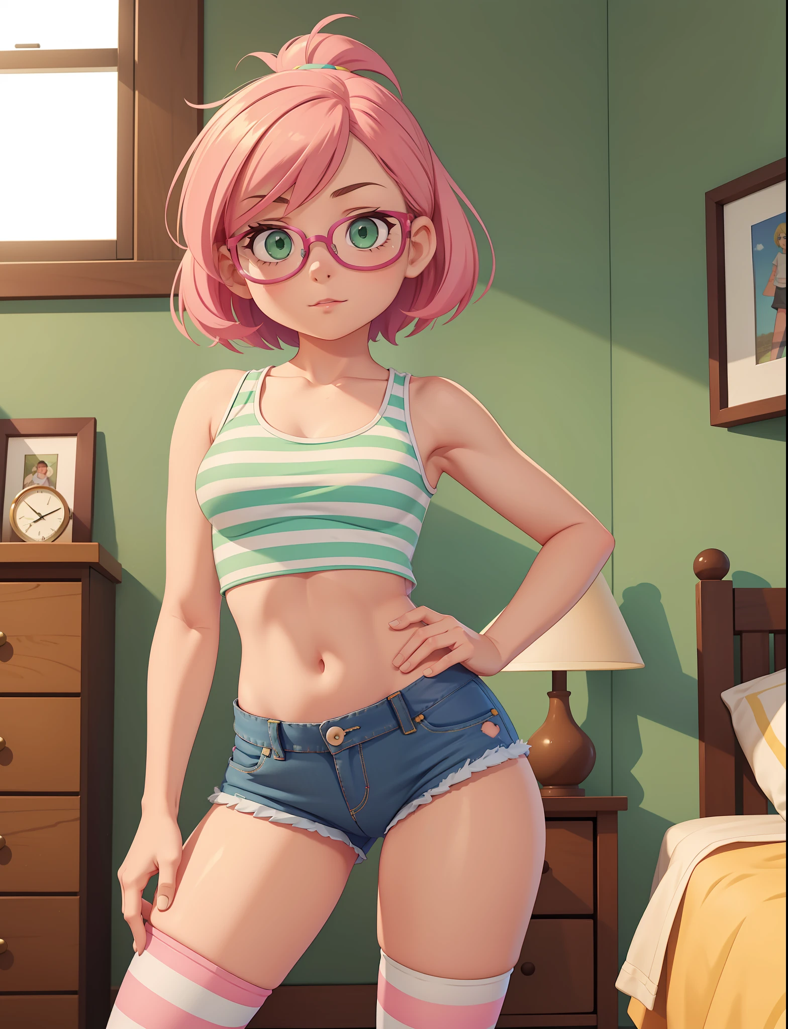 1girl, small breasts, small hips, green eyes, pink hair, crop top, denim shorts, bedroom, striped thighhighs,,pervert, petite, glasses,