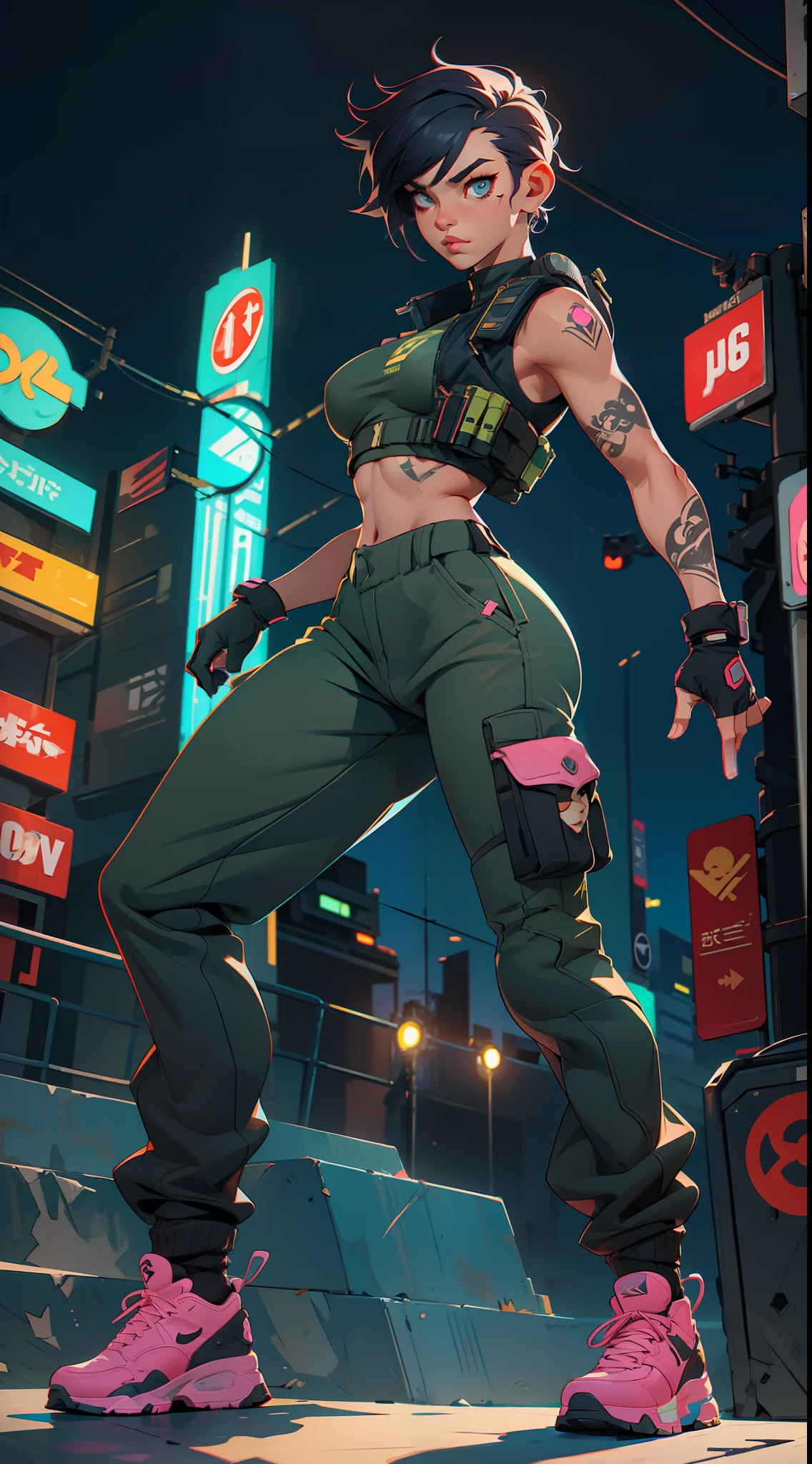 "A confident and strong girl in high-waist sweatpants and tactical vest(1.1) stands on some steps, flaunting her tattoo(1.2). The dynamic pose, combined with her cool-toned expression, perfectly complements the urban scenery full of neon lights and sharp details."