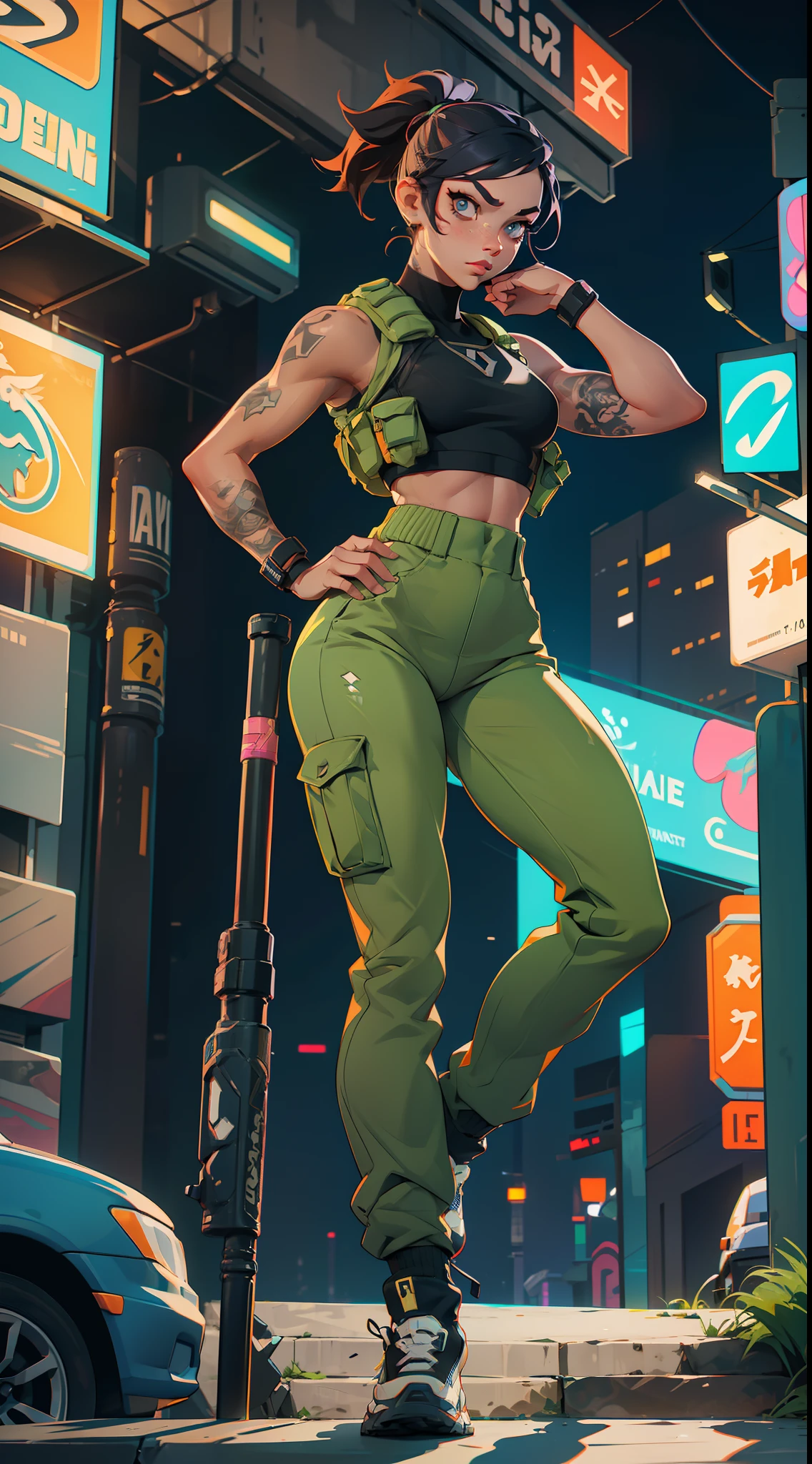 "A confident and strong girl in high-waist sweatpants and tactical vest(1.1) stands on some steps, flaunting her tattoo(1.2). The dynamic pose, combined with her cool-toned expression, perfectly complements the urban scenery full of neon lights and sharp details."