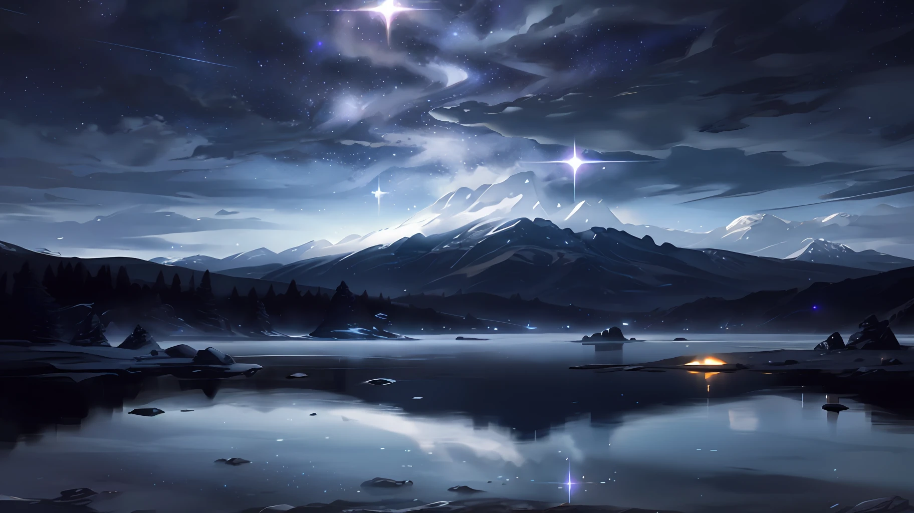 Starry Sky with Mountains and Lake, Jessica Rossier, Inspired by Jessica Rossier, Jessica Rossier Fantasy Art, Concept Art Magic Highlights, Official Artwork, Dream Painting, Ethereal Realm, Atmospheric artwork, dreamy matte paintings, serene endless stars inspired by Ted Nasmith, moonlit starry environments, epic music album covers.