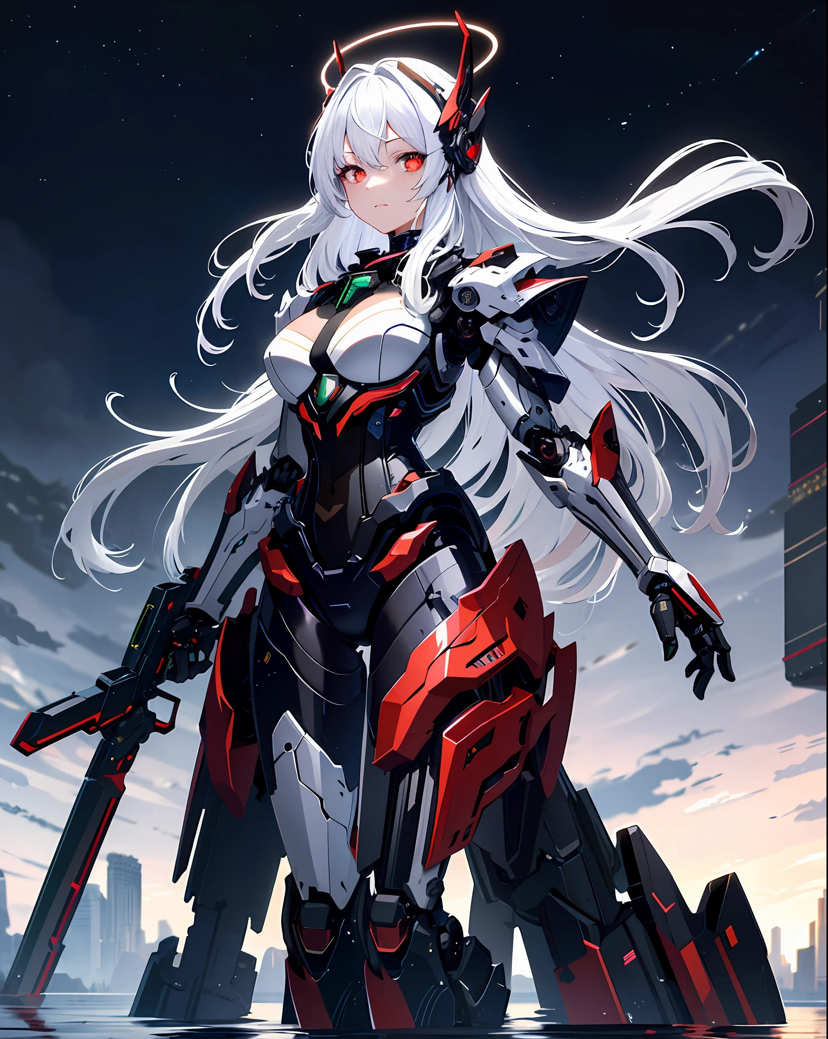 masterpiece,best quality,ultra-detailed,very detailed illustrations,extremely detailed,intricate details,highres,super complex details,extremely detailed 8k cg wallpaper,cowboy shot, caustics,reflection,ray tracing,demontheme,nebula,dark aura,cyber effect, (1girl:1.4),solo,alone,mecha musume,mechanical parts, robot joints,single mechanical arm, headgear, mechanical halo,star halo,intricate mechanical bodysuit, mecha corset, kimono, full armor, very long hair,white hair, hair between eyes, multicolored hair, colored inner hair, red eyes,glowing eye,eye trail, random expressions,random action, ancient japanese architecture,pond, starry sky,skyline,