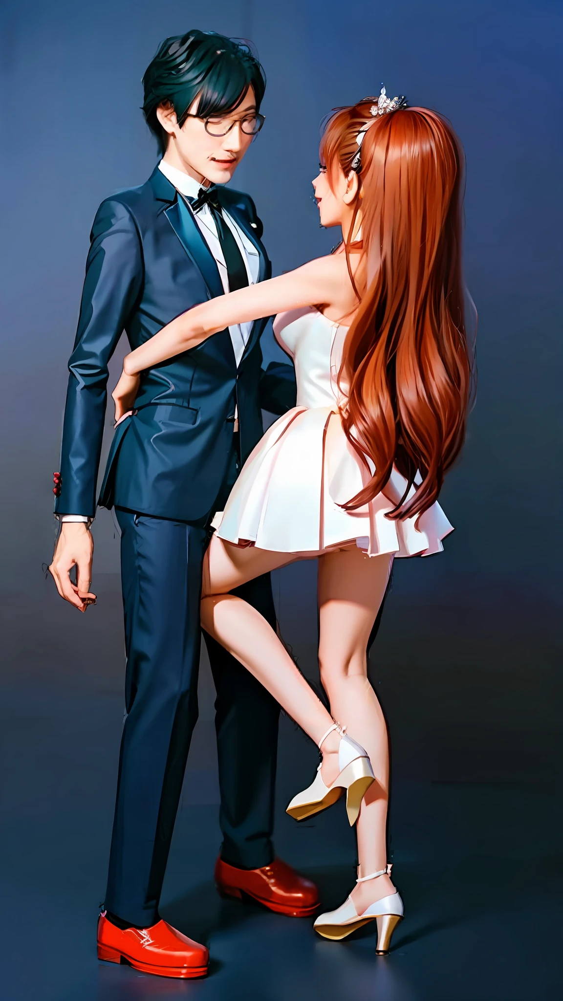 cartoon of a man and woman in formal attire standing next to each other, couple pose, dancing with each other, dancing in the background, doing an elegant pose over you, couple dancing, elegant pose, doing an elegant pose, mikudayo, cute elegant pose, stylish pose, yandere. tall, standing elegant pose, anime pose, anime styled 3d