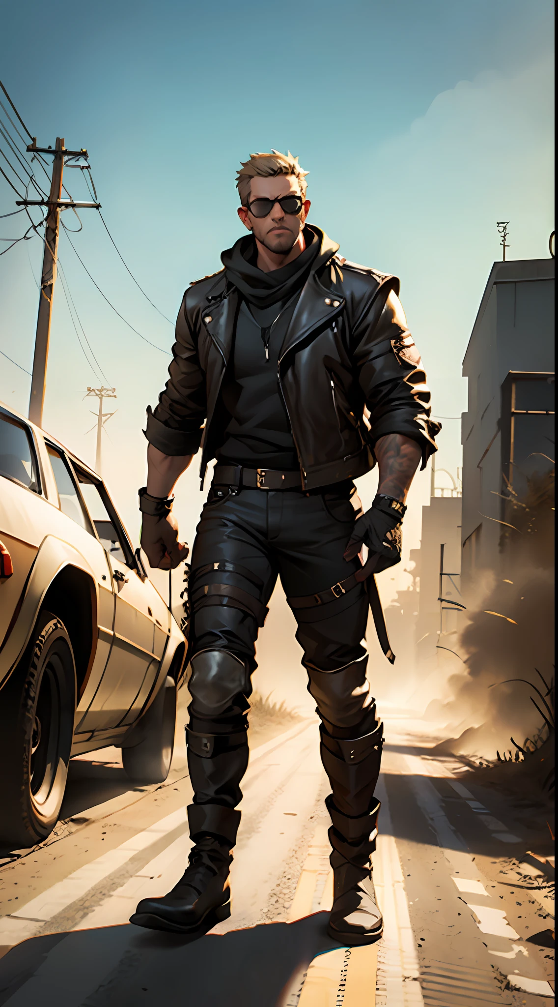 A guy wearing sunglasses, in mad max style, full body shot, strong, handsome, tough