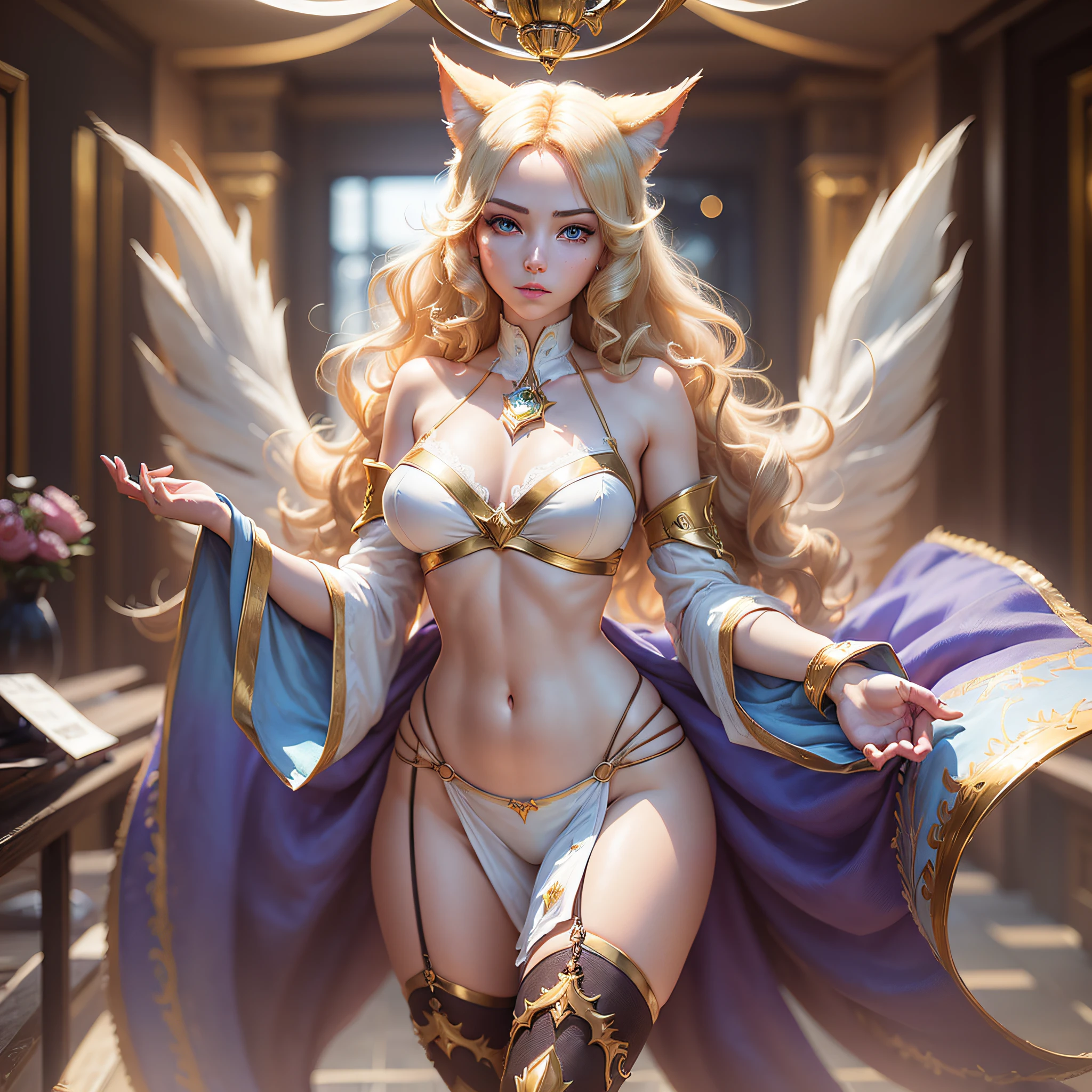 ((AHRI league of legends)), full body, walking, camera focus, masterpiece, best quality, high quality, high definition, high quality texture, high quality shadow, high detail, beautiful detailed, finely detailed, extremely detailed cg, detailed texture, a realistic representation of the face, realistic, colorful, delicate, cinematic light, side lighting, Lens Flare, ray tracing, sharp focus, (1girl, __focus__:1.3), (intricate details, makeup), (detailed beautiful delicate face, detailed beautiful delicate eyes, a face of perfect proportion, detailed high skin, detailed skin, best ratio four fingers and a thumb, arms under the chest, wide hips, smooth midriff, slim and thin, (white lingerie clothing with gold details, golden ribbons over the body, without the underwear, legs crossed, hands in front of the body, blonde hair falling in curls up to the waist: 1.3), location of the hotel room, (repair details of the hands), anatomical hands, sexy and confused look, ((SKY BLUE EYES)), clothing , more transparent,(repair the defects in the hands of the character, attention to detail of the eyes looking forward, correct imperfections of color tones) --auto --s2
