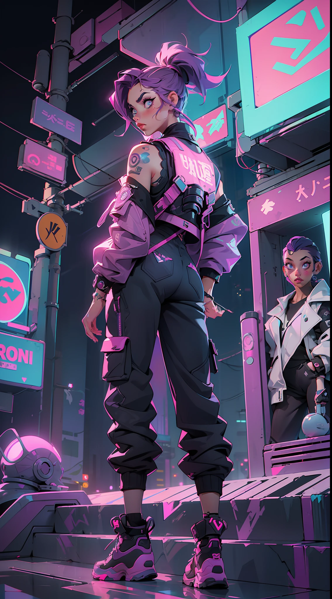 (A girl with a tattoo is standing on steps),(high-waist sweatpants),(model wearing a technical vest),(urban setting with neon lights):(1.2+[vaporwave aesthetic, cyberpunk, grunge, dystopia, or futuristic]),(pink and purple hued shadows and illumination), cool-toned complexion, wind blowing through hair.