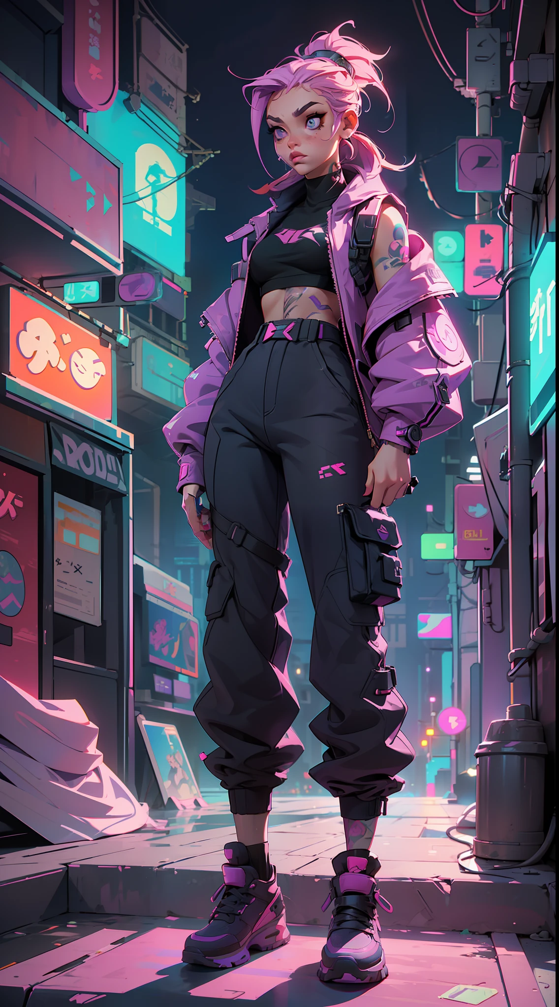 (A girl with a tattoo is standing on steps),(high-waist sweatpants),(model wearing a technical vest),(urban setting with neon lights):(1.2+[vaporwave aesthetic, cyberpunk, grunge, dystopia, or futuristic]),(pink and purple hued shadows and illumination), cool-toned complexion, wind blowing through hair.