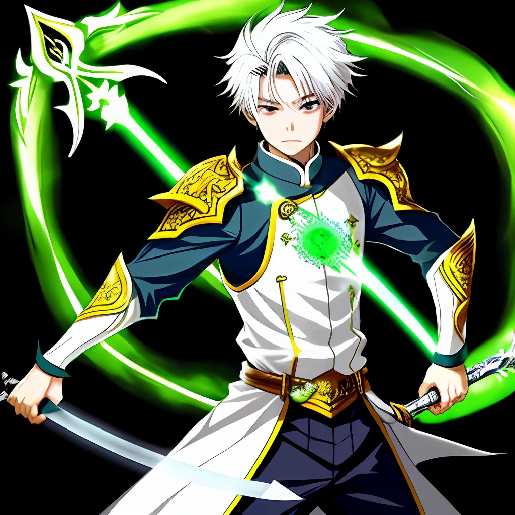 Asian boy,white hair yes transparent long sword,with green aura
