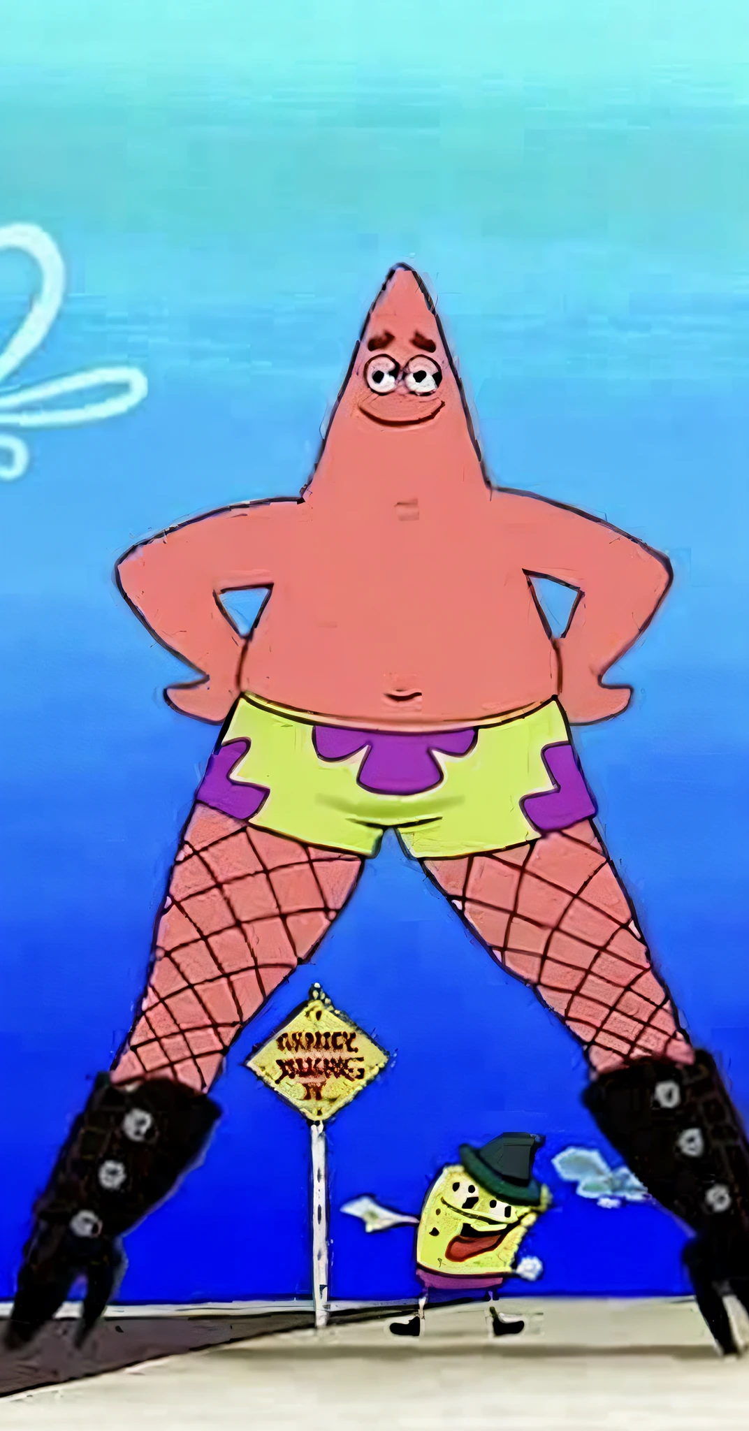 Patrick spongeBob character, insanely inflated hips, pink Patrick, is wearing a swimsuit, green and purple swimsuit, starfish pose, Patrick has long legs, wearing boot with black heels, Patrick with bulging face, blue background image, SpongeBob Sponge behind Patrick, Small SpongeBob, SpongeBob pointing at Patrick, with brown hat, SpongeBob SquarePants with brown square pants and tie, black shoes, bus sign next to SpongeBob and Road --auto --s2