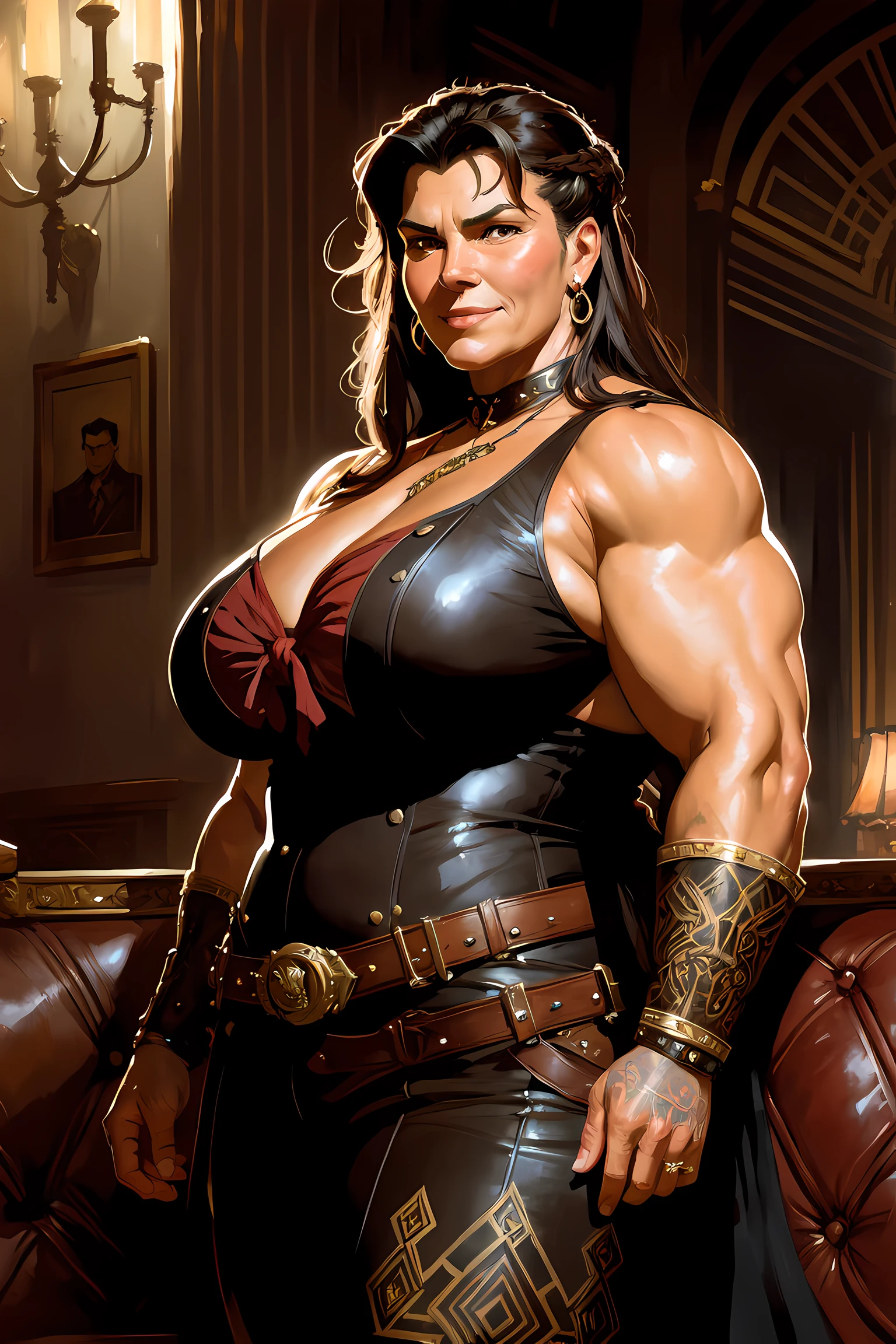 analog style, expertly illuminated, older woman, (big fat muscle:1), ((((big powerful woman)))), wearing a ironpunk coat, (((low-tied long hair))), cinematography, crafted, elegant, meticulous, magnificent, maximum details, extremely hyper aesthetic, intricately detailed, Leather sofa, god rays, smile, ultra detailed, (Muscles), Nostalgia, art nouveau, by Ed Blinkey, Greg Manchess, Antonio Moro, High Detail, Sharp Focus, Dramatic, Photorealistic