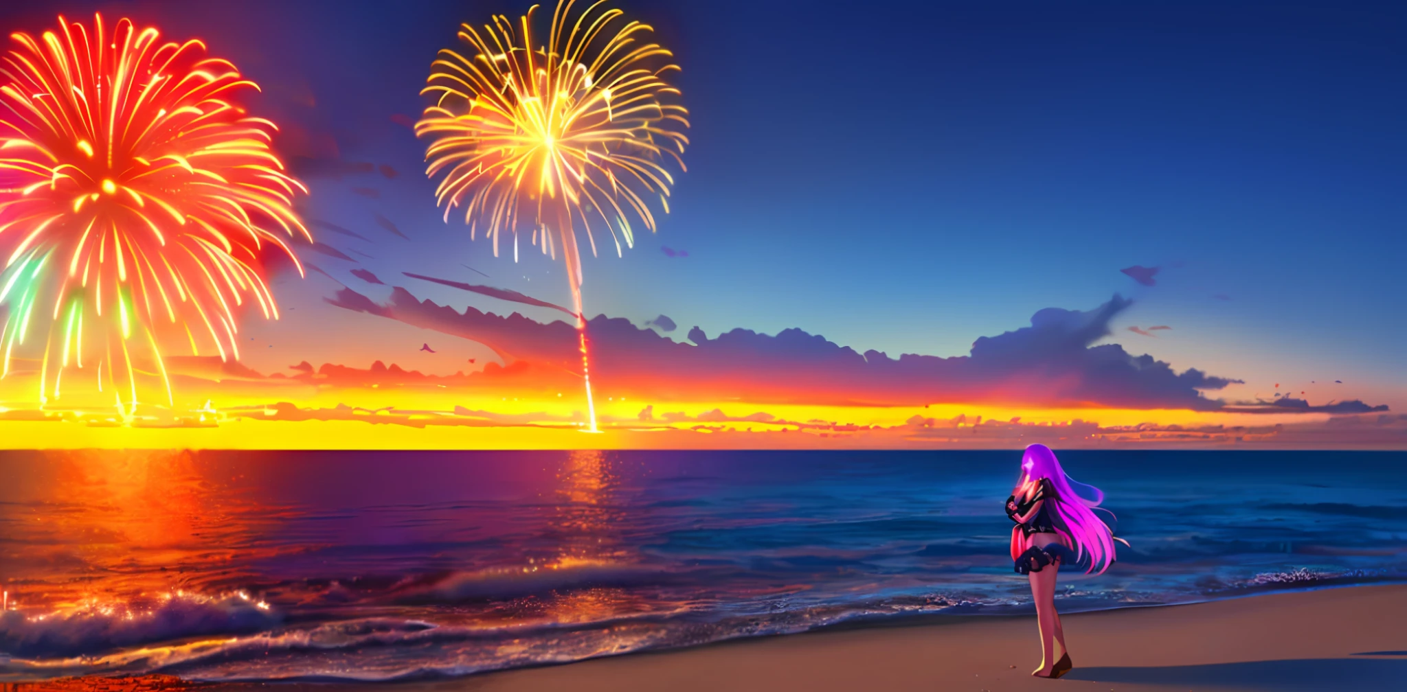 Vast night sky pictures,((Top quality:1.4),(Unparalleled masterpiece),Night Sky: 1.4,(Fireworks: 1.4, Aerial Fireworks: 1.4), highly detailed 8k CG unit,,Bokeh,Depth of field,, Beach, Sea, Volumetric Lighting,(Dynamic Composition: 1.4),Bikini girl standing on the beach, character 0.3, Very detailed, Colorful details, (Iridescent: 1.2), (glow illumination, atmosphere lighting), dreamy, magical, (solo: 1.2),