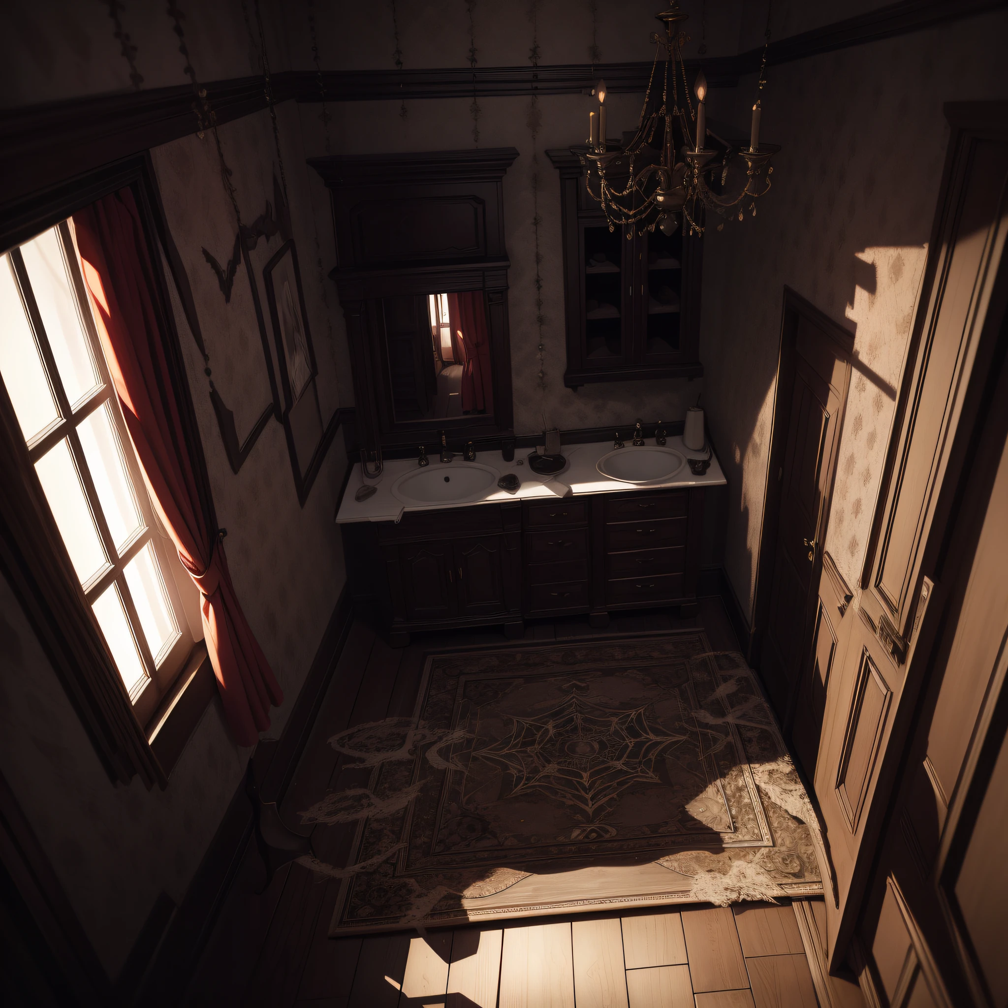 Absurd resolution, high resolution, (masterpiece: 1.4), hyper-detail, spooky room, female ghost, horror, spider web, darkness