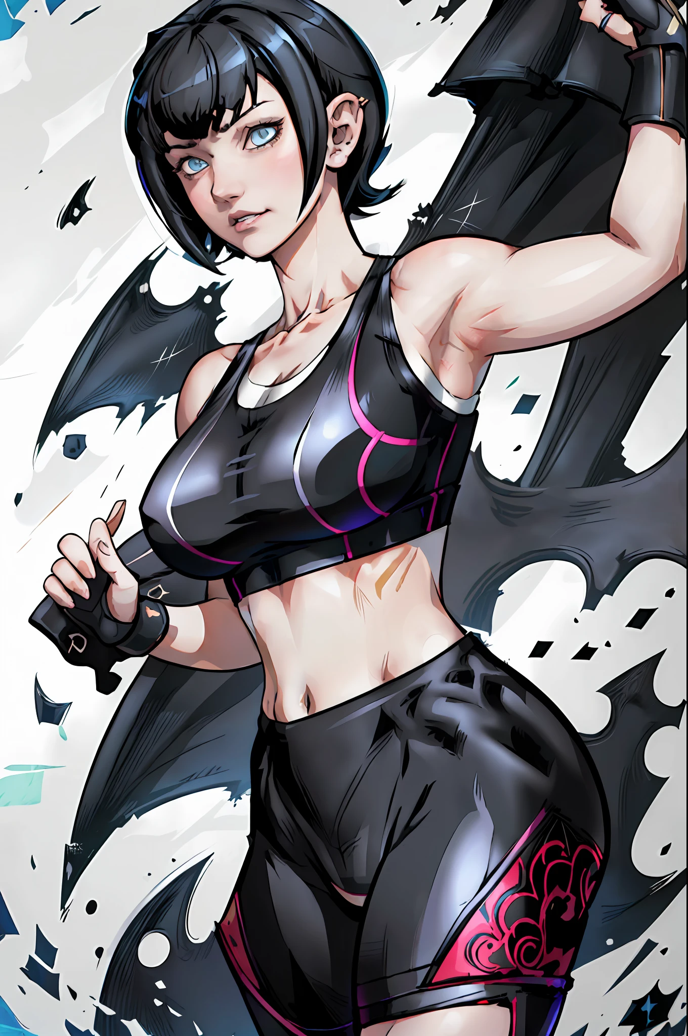 1girl, highres, sharp focus, pixiv masterpiece, (((intricate details)), highly detailed,exquisite fanart highly detailed, commission for high resolution, one eye, detailed eyes, pale skin, fair skin, short hair, black hair, cat eyes, eyes with cat pupil, muscular!,abdomen, pointed ear, vampire, costume: sportswear, yoga pants, calvin clein style sports bra, neckline, revealing neckline,  joy ride style, ilya kuvshinov,Anime Moe Artstyle, Female anime character, Anime character,