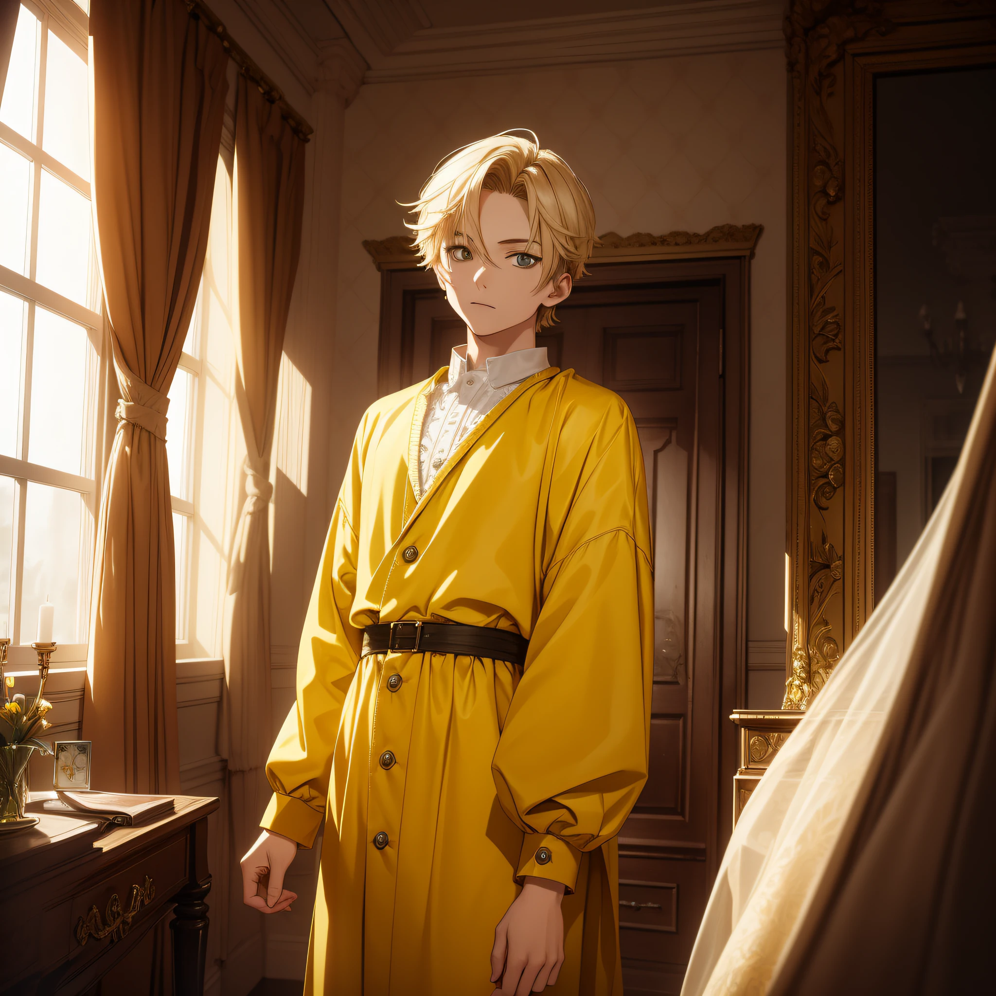 Absurd resolution, high resolution, (masterpiece: 1.4), hyper-detail, short yellow young man hair, fashionable clothes, spooky room, open curtains