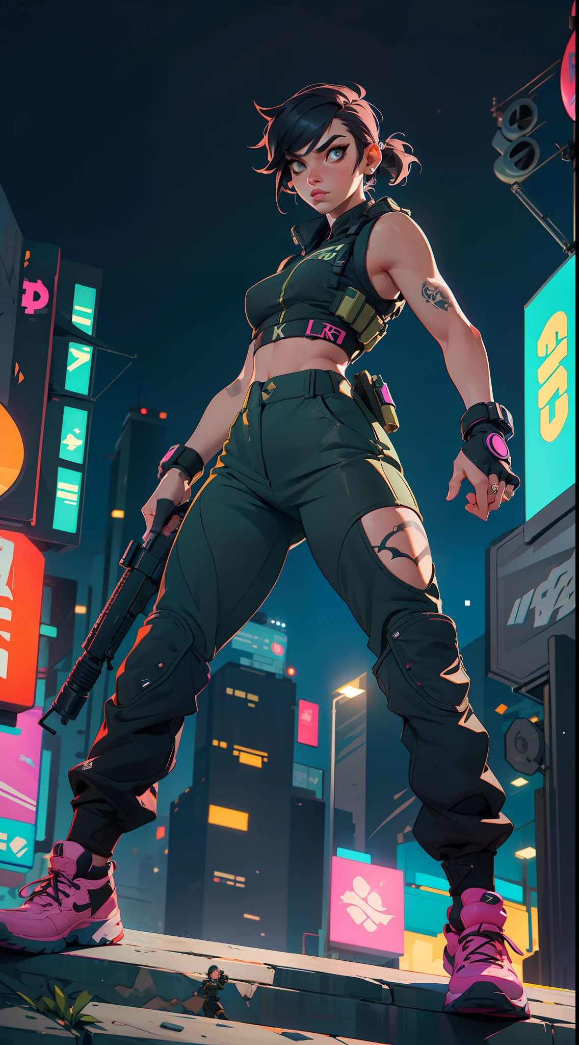 "A confident and strong girl in high-waist sweatpants and tactical vest(1.1) stands on some steps, flaunting her tattoo(1.2). The dynamic pose, combined with her cool-toned expression, perfectly complements the urban scenery full of neon lights and sharp details."