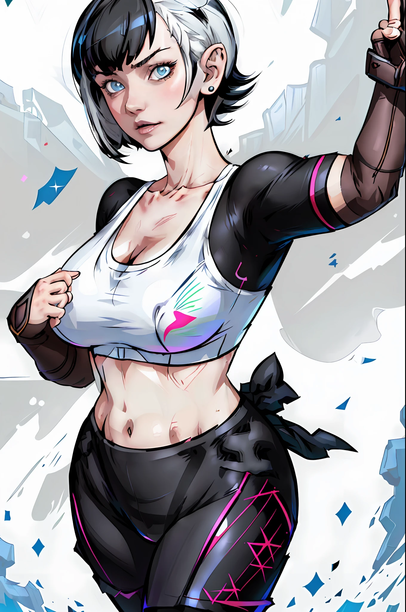 1girl, highres, sharp focus, pixiv masterpiece, (((intricate details)), highly detailed,exquisite fanart highly detailed, commission for high resolution, one eye, detailed eyes, pale skin, fair skin, short hair, black hair, cat eyes, eyes with cat pupil, muscular!,abdomen, pointed ear, vampire, costume: sportswear, yoga pants, calvin clein style sports bra, neckline, revealing neckline, joy ride style, ilya kuvshinov,Anime Moe Artstyle, Female anime character, Anime character,
