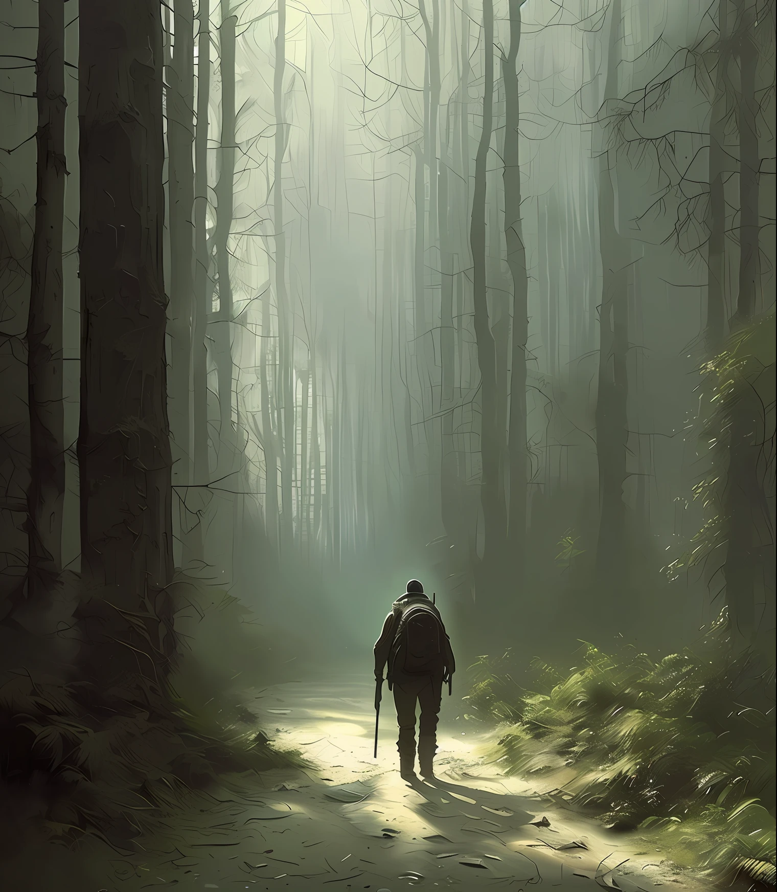 (masterpiece) high detailed RAW, a post apocalyptic man with a backpack is walking through a dark alley way in a forest with tall buildings and trees , hassanfantasy style , by Jeremy Mann and Donato Giancola ultra realistic highly detailed intricate photorealistic